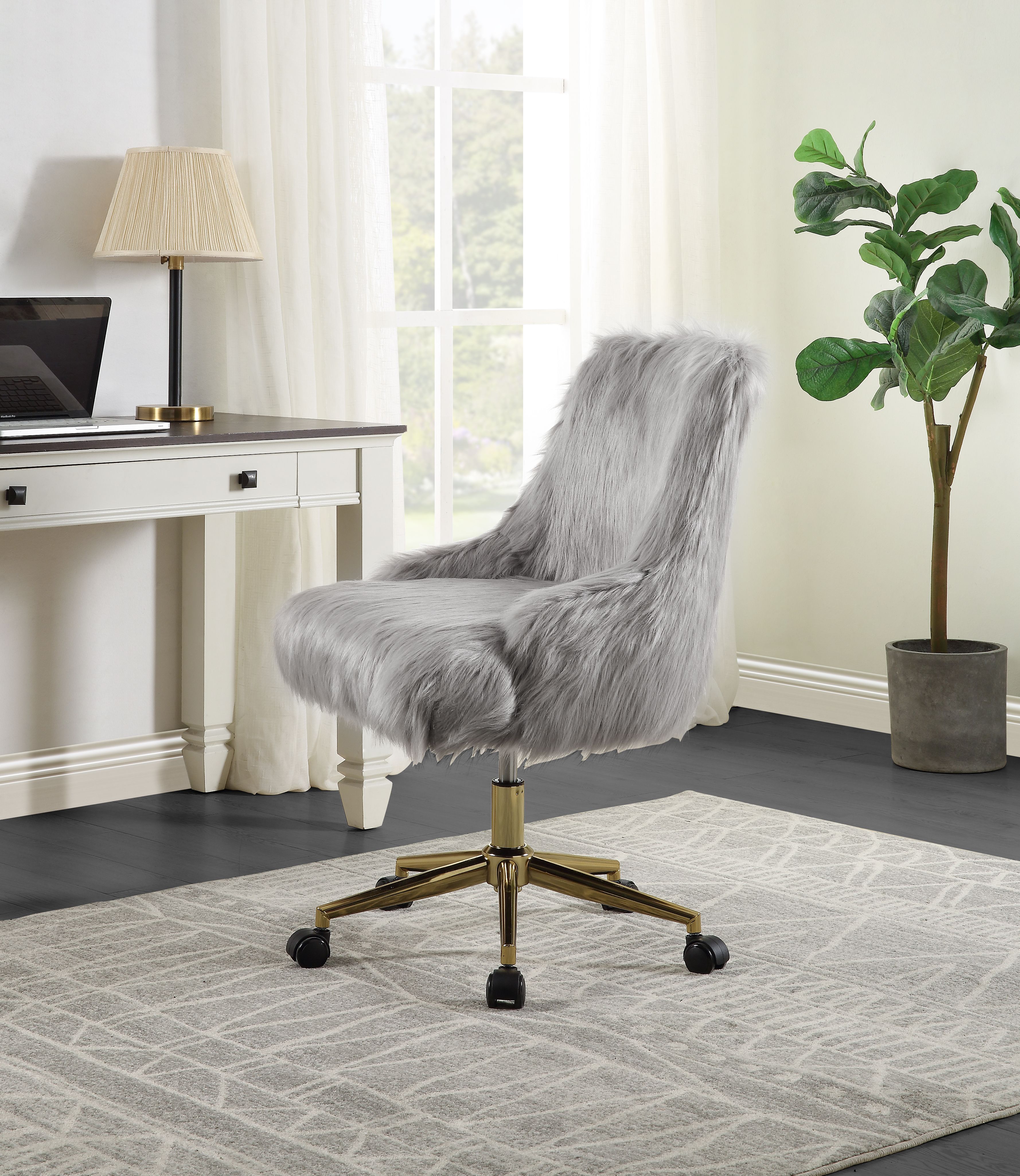 ACME Arundell II Office Chair in Gray Faux Fur  Gold Finish-CASAINC