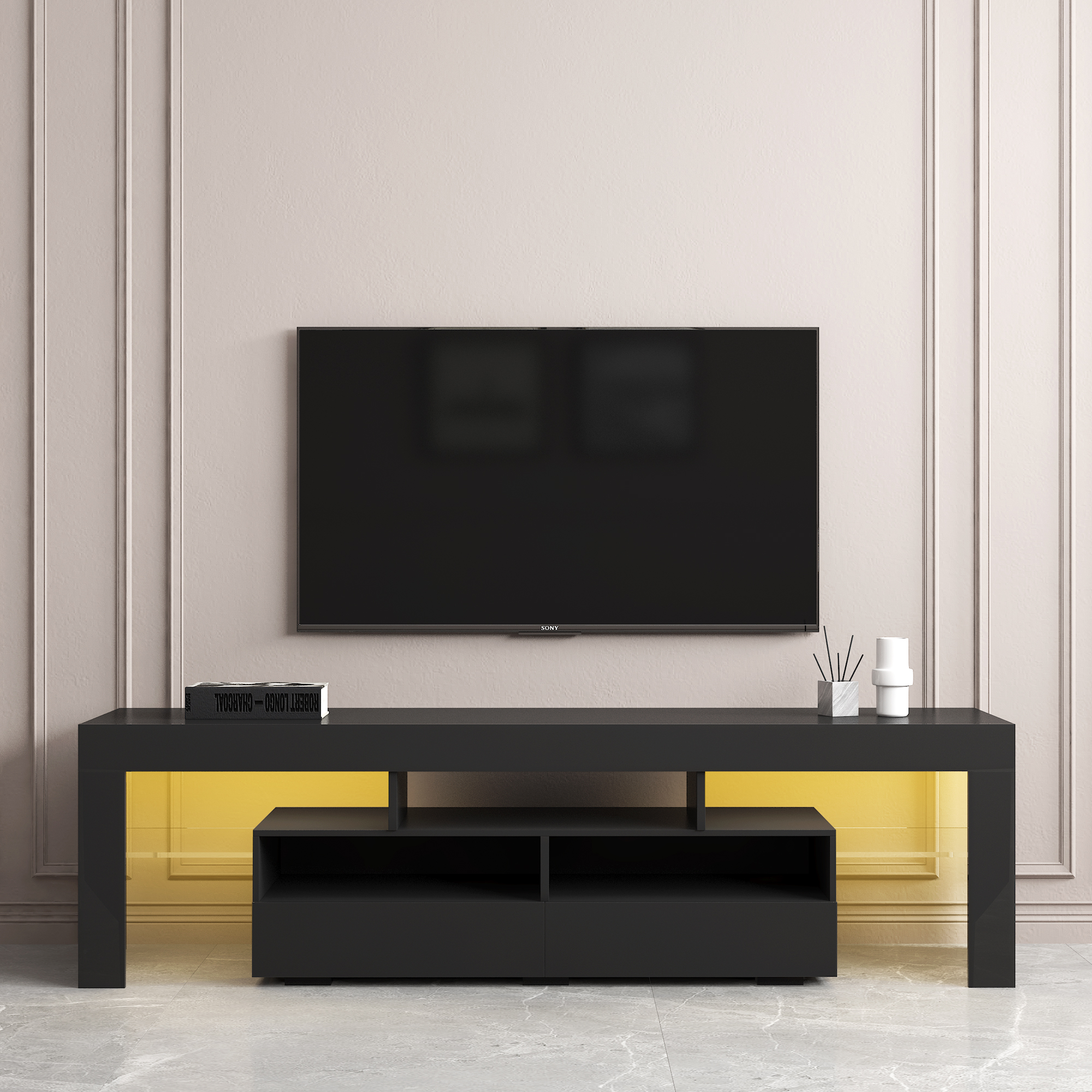 Living Room Furniture TV Stand Cabinet with 2 Drawers  2 open shelves,20-color RGB LED lights with remote,Black-CASAINC