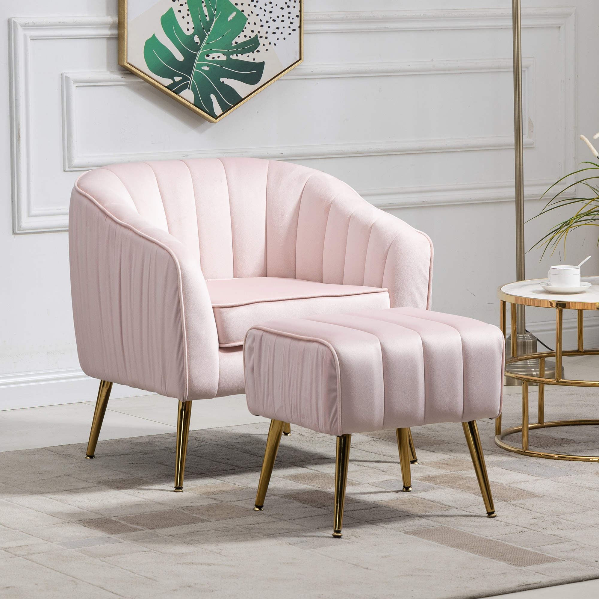 Velvet Accent Chair, Modern Barrel Chair with Ottoman, Arm Pub Chair for Living Room/Bedroom/Nail Salon, Blush Pink, Golden Finished, Suitable for Small Spaces-CASAINC