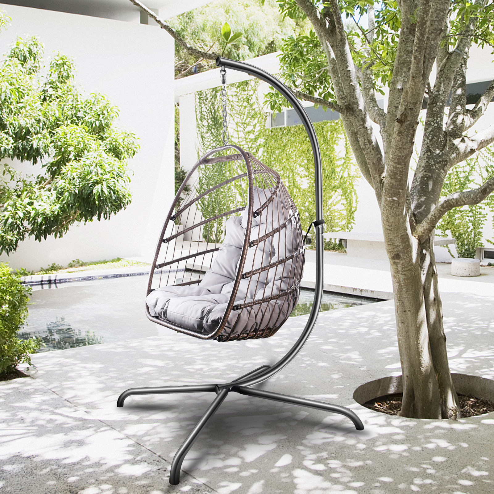 Swing Egg Chair with Stand Indoor Outdoor Wicker Rattan Patio Basket Hanging Chair with C Type bracket , with cushion and pillow,Patio Wicker folding Hanging Chair-CASAINC