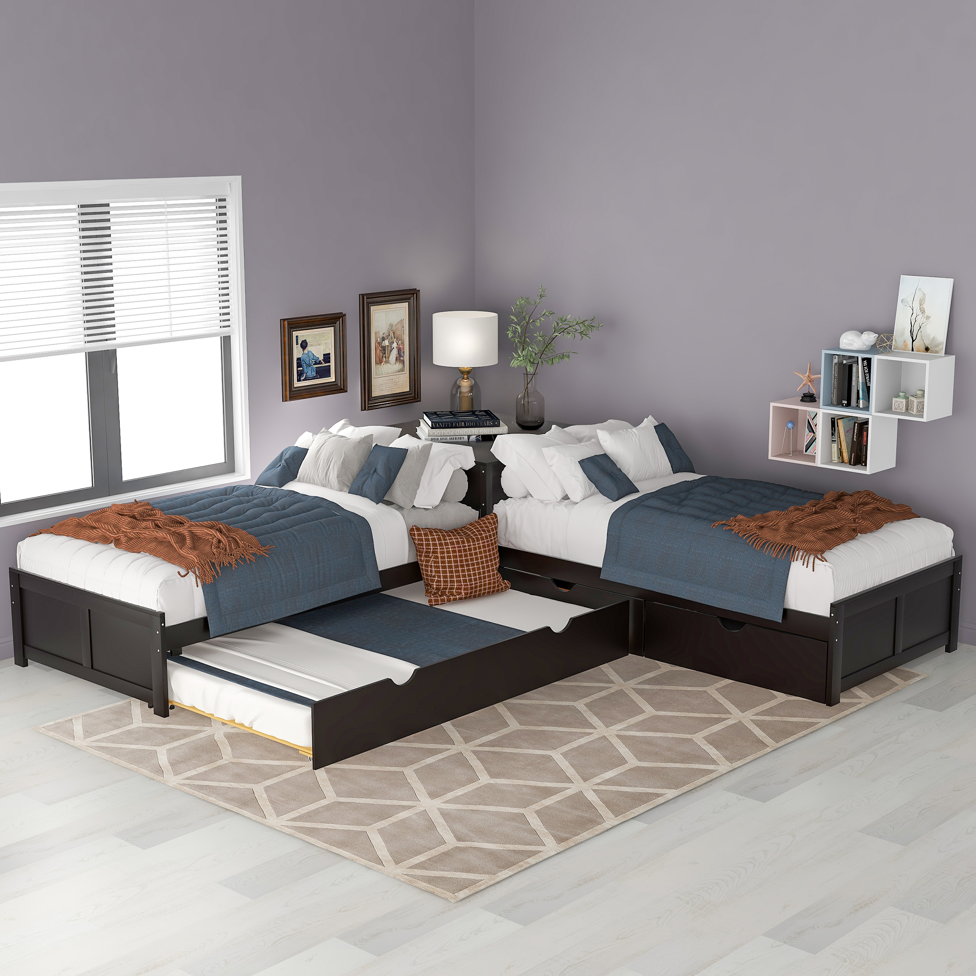 L-shaped Platform Bed with Trundle and Drawers Linked with built-in Desk,Twin,Espresso-CASAINC