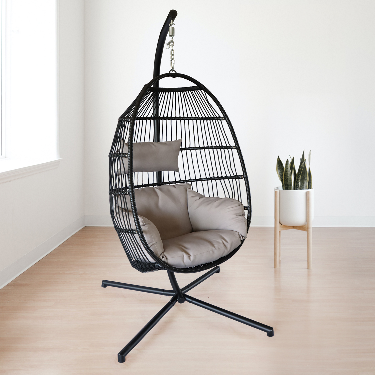 Hanging Egg Chair with Stand Outdoor Patio Swing Egg Chair Indoor Folding Egg Chair, Waterproof Cushion, Folding Rope Back, Heavy Duty C-Stand, 330LBS Capacity-CASAINC