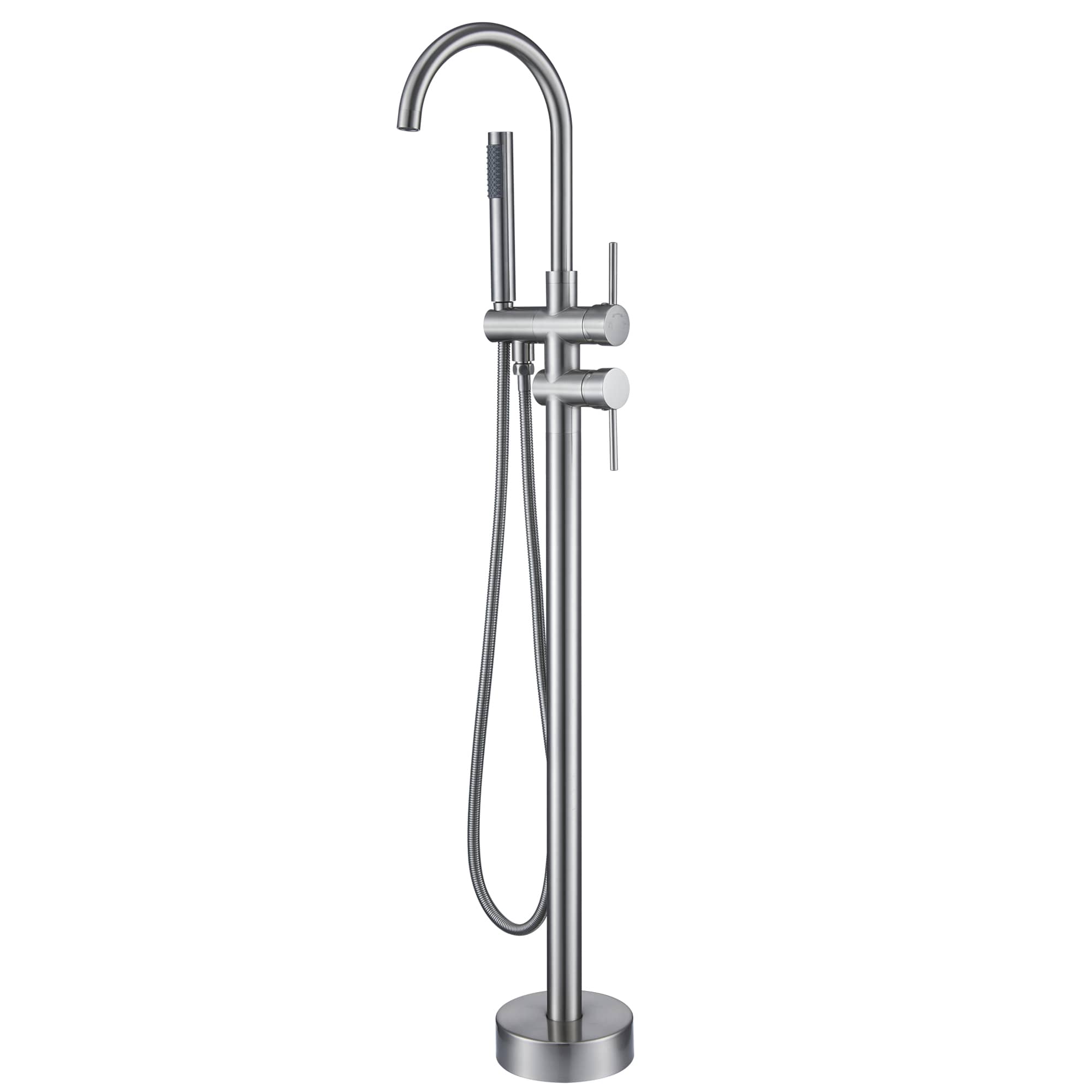 Double-Handles Floor-Mount High Arch Tub Faucet High Flow Bathroom Tub Filler with Handshower 