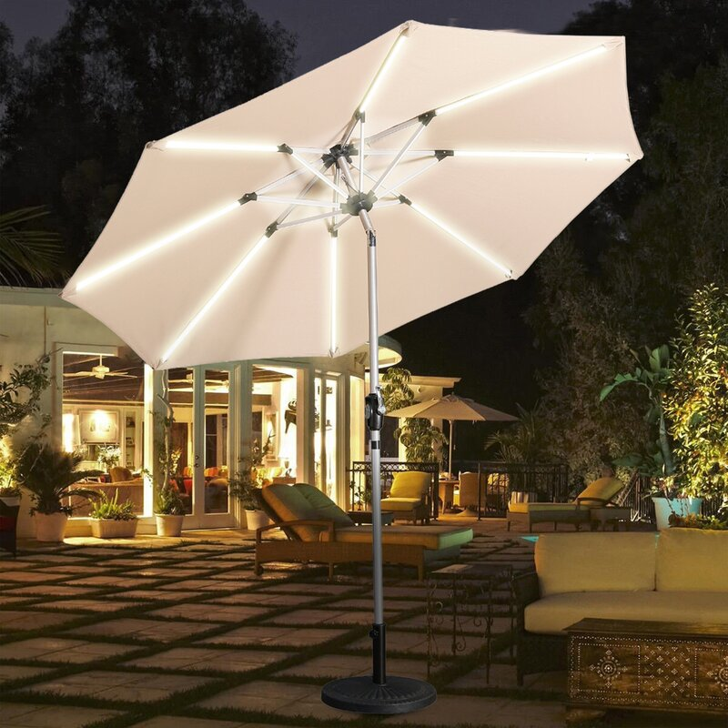 9Ft Patio 3-Way LED Lights Aluminum Brush Market Outdoor Umbrella-CASAINC