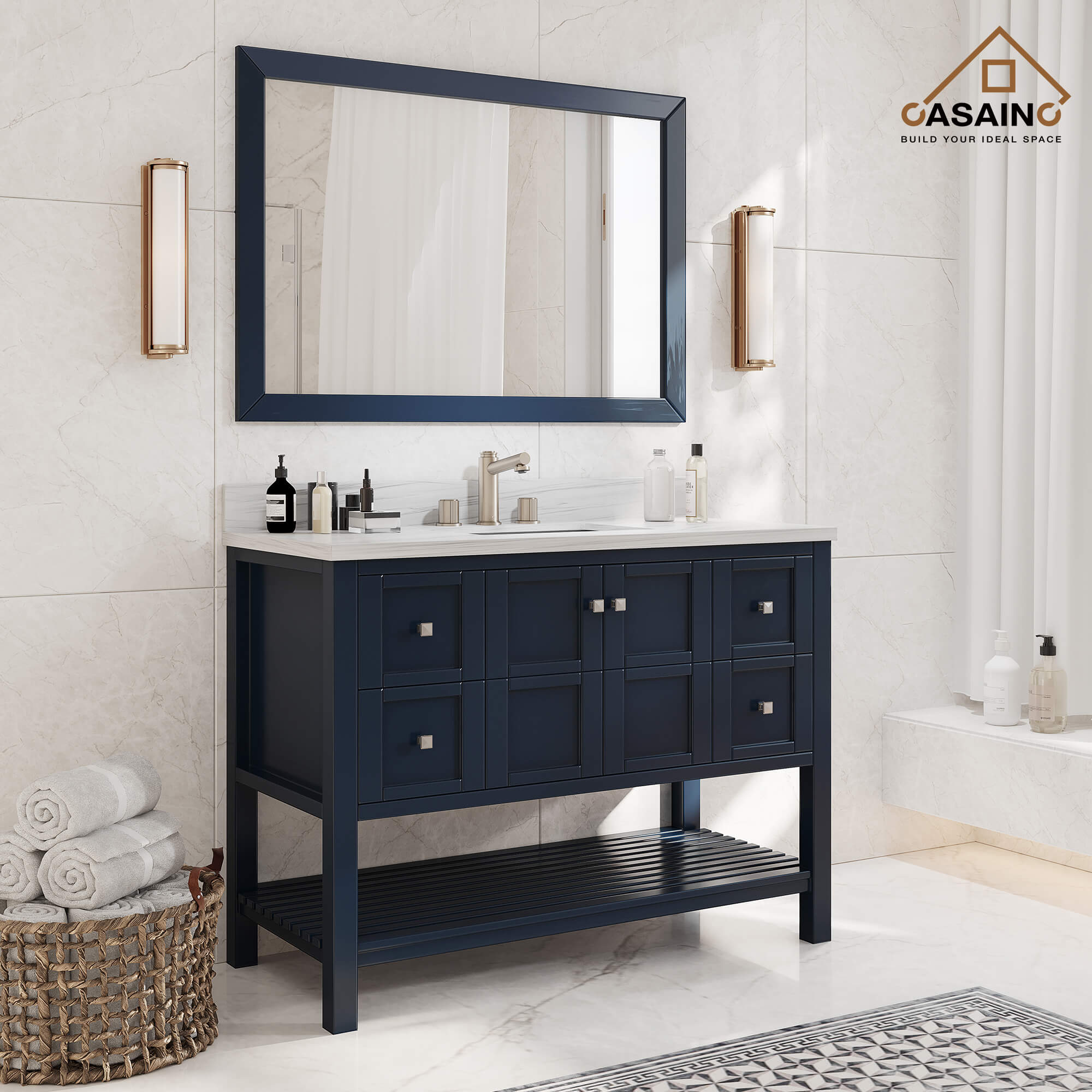 CASAINC 48 x 22 x 35.4 in. Solid Wood Navy Blue Bath Vanity with Carrara White Marble Countertop (No/With Mirror)