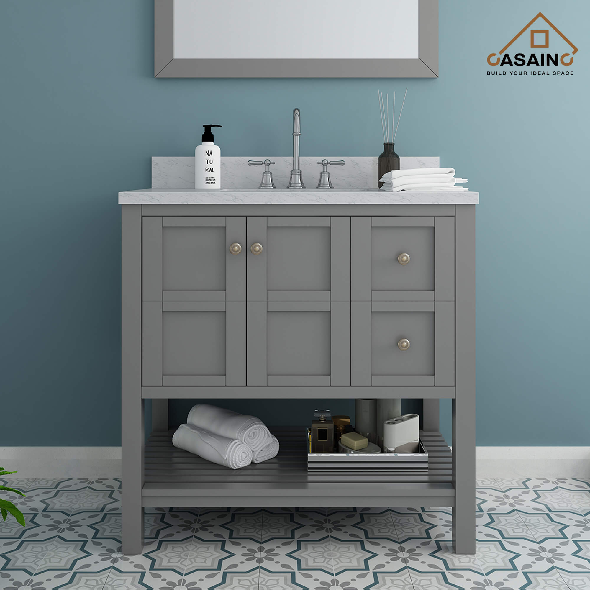 CASAINC 36 x 22 x 35.4 in. Solid Wood Bath Vanity with Carrara White Marble Top and Shelf in Gray/White (No/With Mirror)