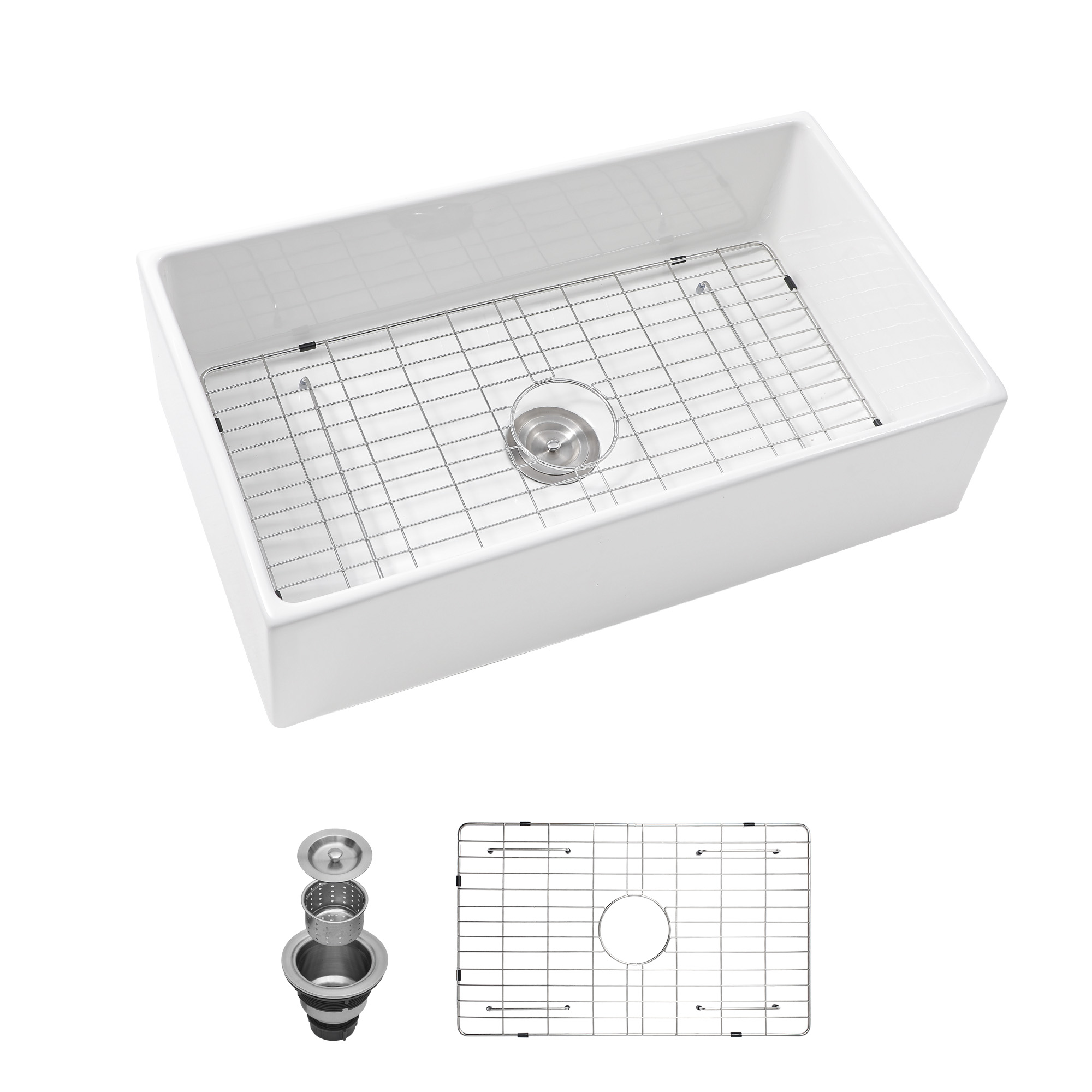 30 White Farmhouse Sink - 30 Inch Kitchen Sink White Undermount Single Bowl Apron Front Ceremic Sink Farm Style Drain Asseblemly and Bottom Grate 30x18x10 Inch