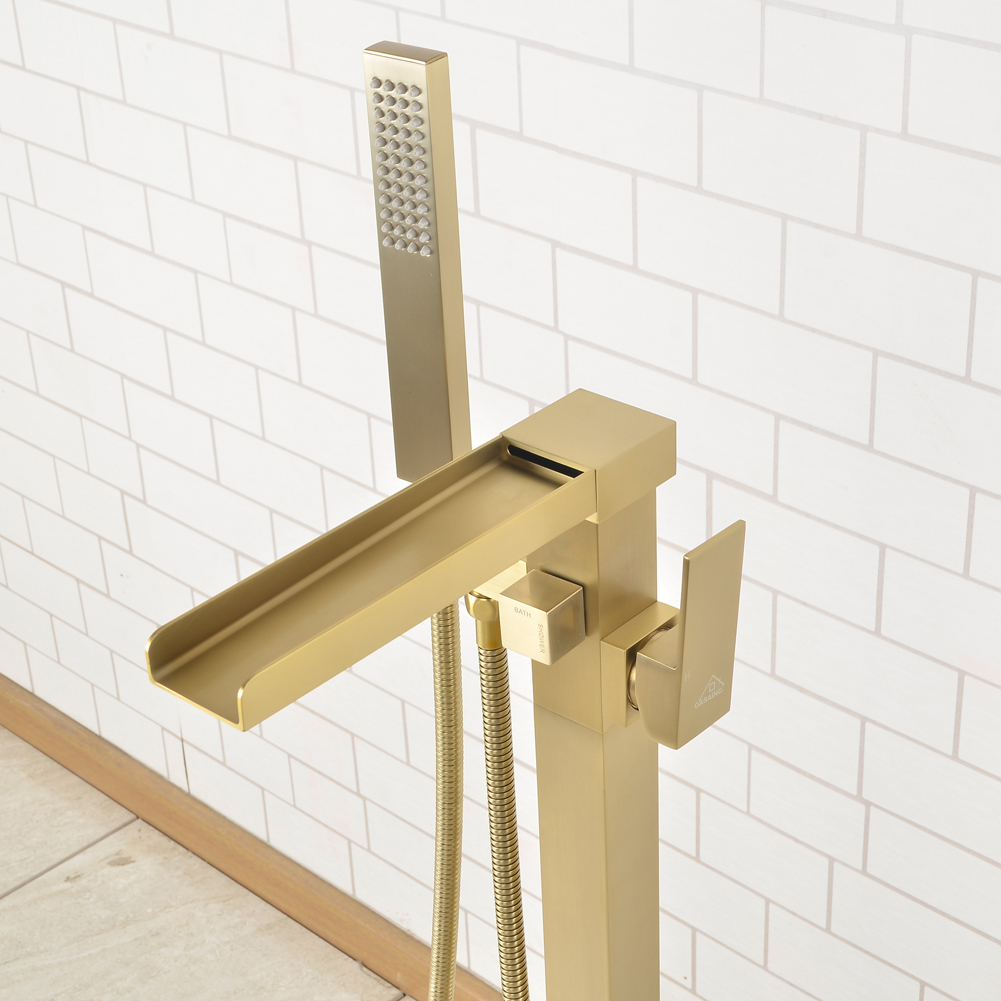 Casainc Freestanding 1-Handle Waterfall Bathtub Faucet with Handheld Shower (Brushed Gold)-CASAINC
