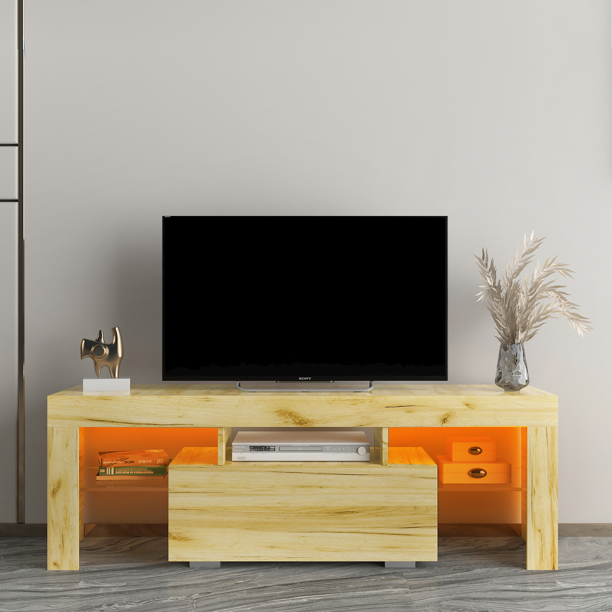 TV Stand with LED RGB Lights,Flat Screen TV Cabinet, Gaming Consoles - in Lounge Room, Living Room,oak-CASAINC