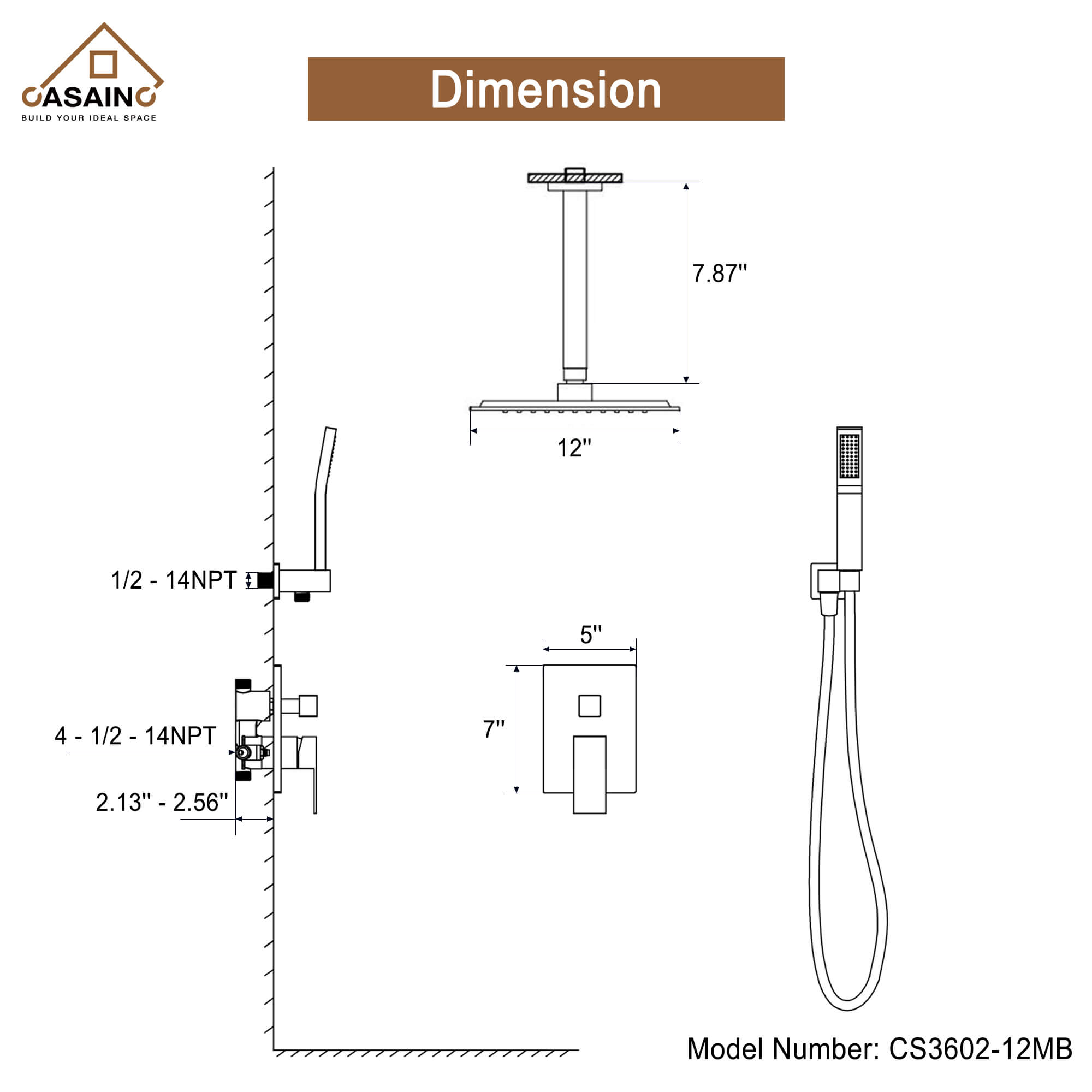 CASAINC Wall-Mounted/Ceiling-Mounted 2-Function Shower System with Handheld Shower in Matte Black