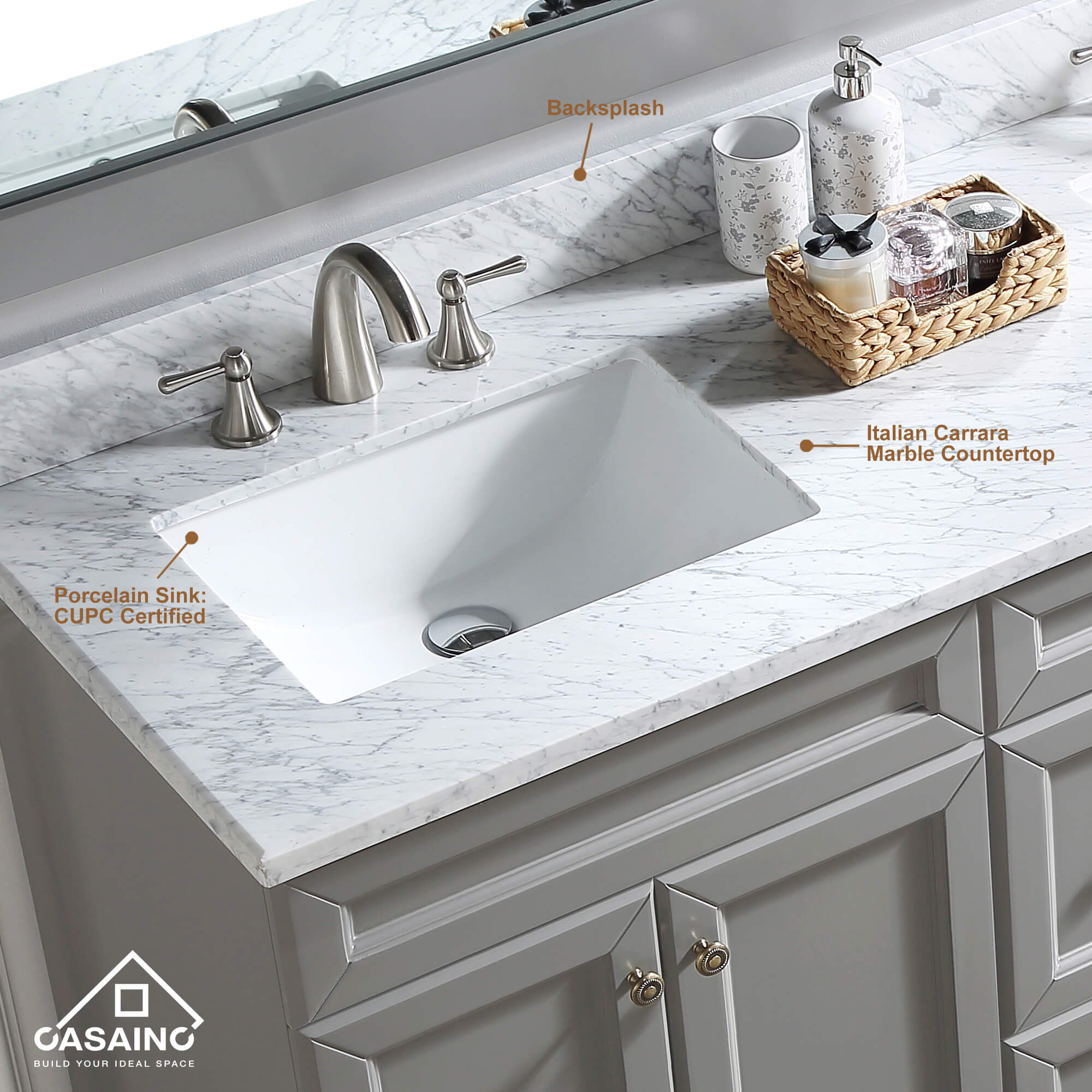 CASAINC 60 x 22 x 35.4 in. Solid Wood Bath Vanity with Marble Top and Backsplash in Gray/White (No/With Mirror)