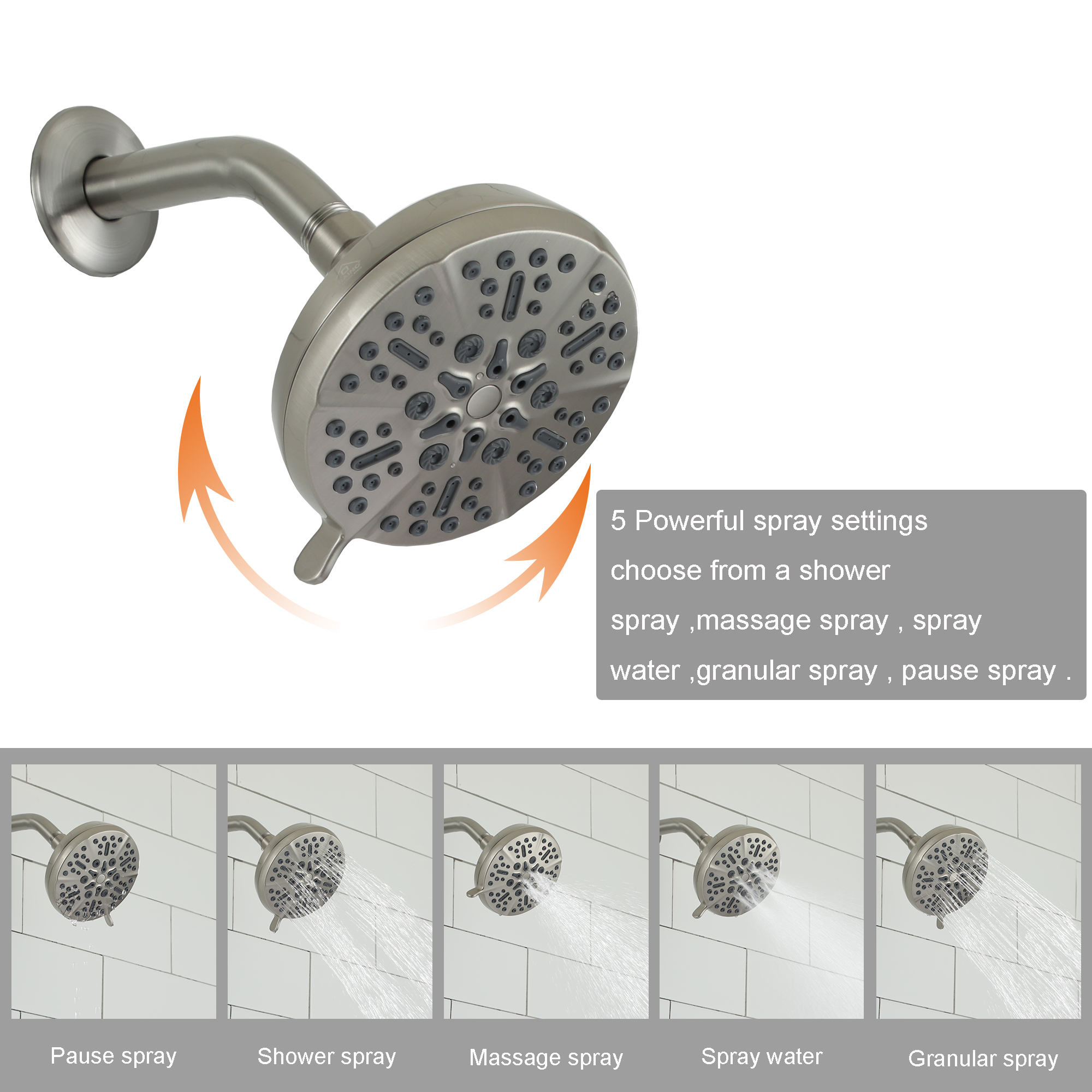5-Spray 5 in. Fixed Shower Head with Pause in Brushed Nickel 5-Spray 5 in. Fixed Shower Head with Pause in Brushed Nickel