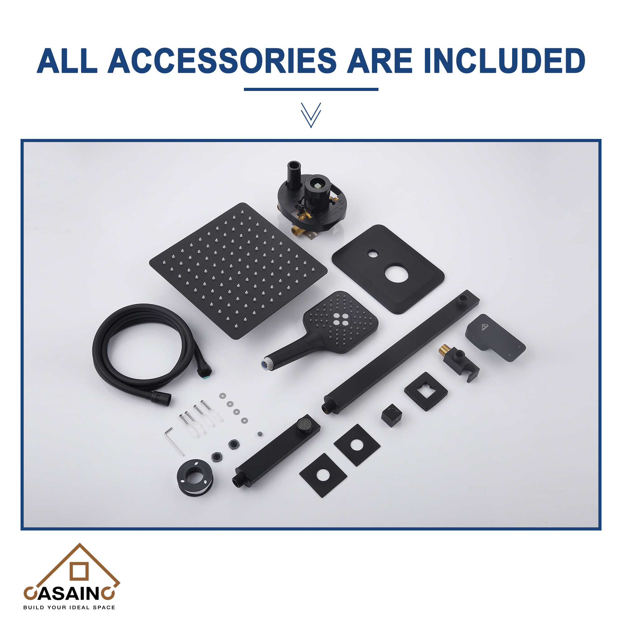 CASAINC 10 inch Square Wall-mounted rain shower faucet with pressure balanced valve