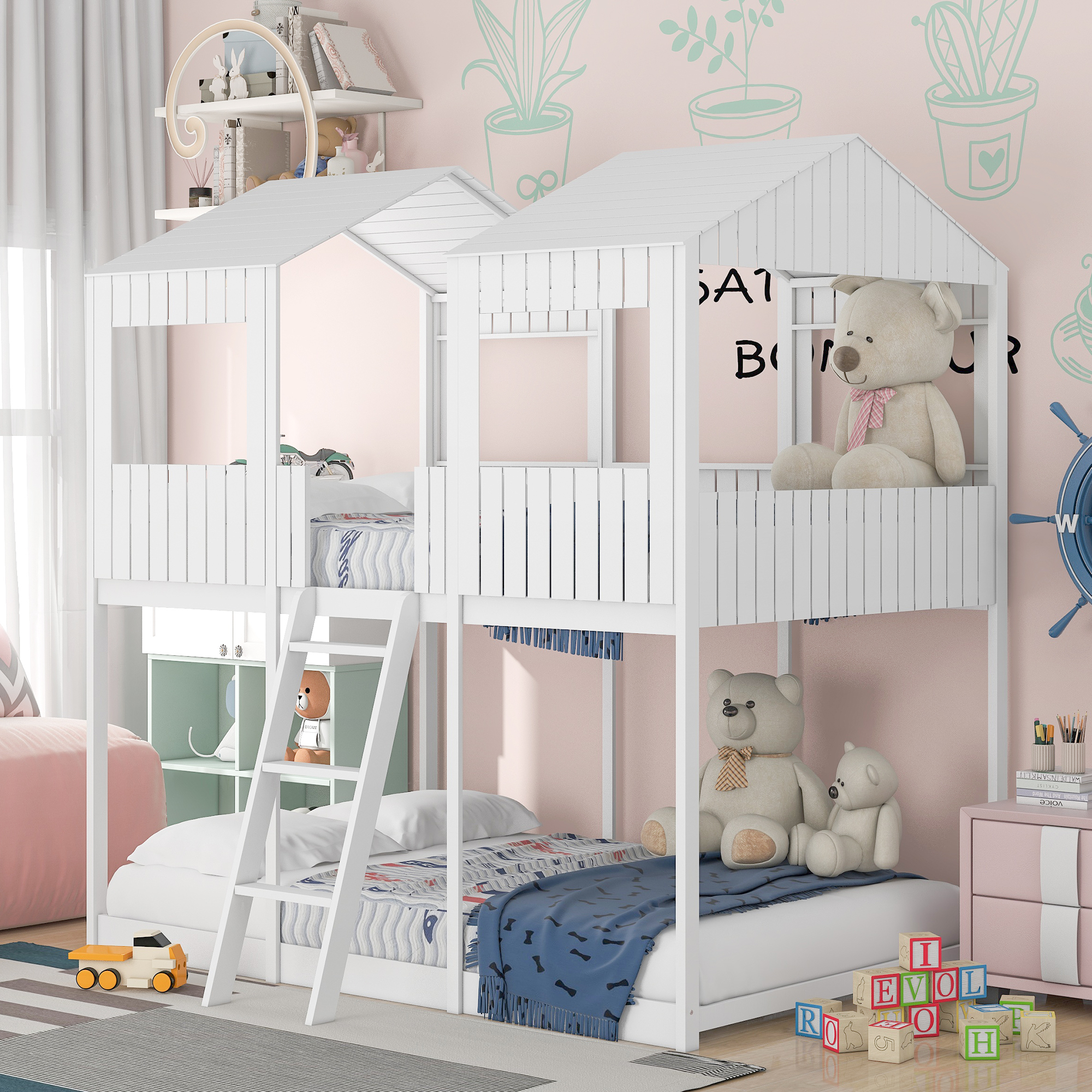 Full Over Full WoodBunk Bed with Roof, Window, Guardrail, Ladder(White)( old sku: LP000031AAK )-CASAINC