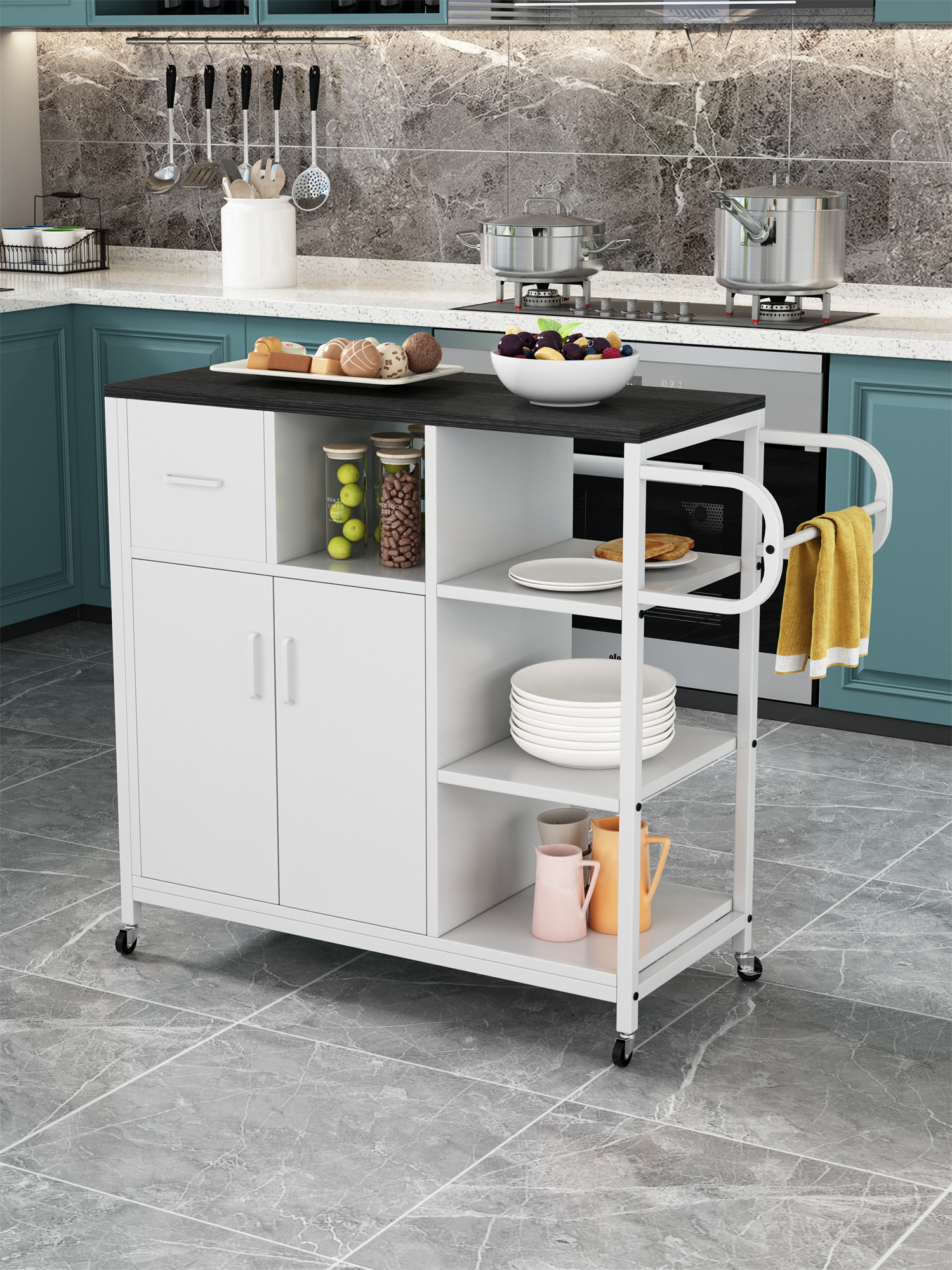 KITCH storage cabinet WHITE-Black, move with roller..-CASAINC