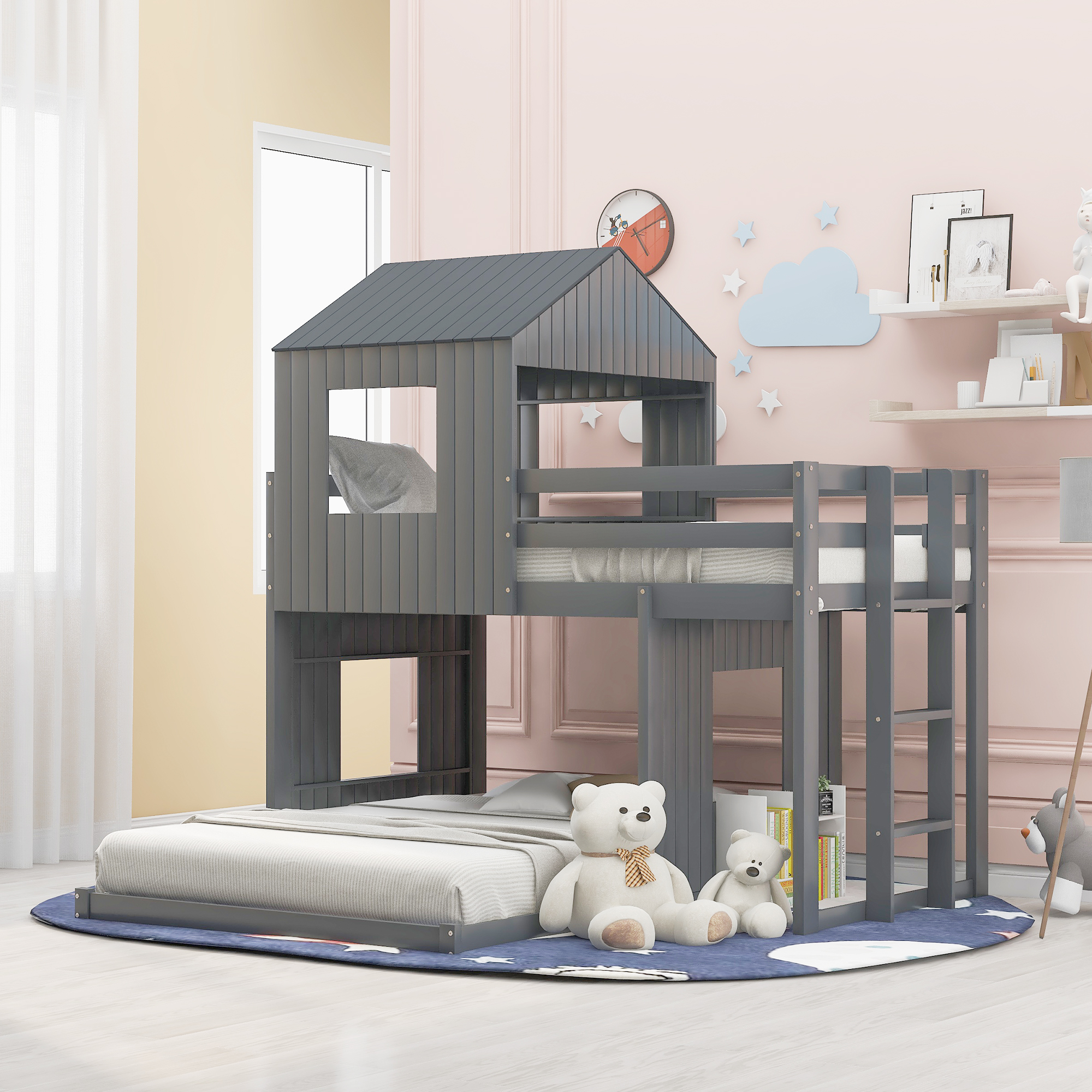 Wooden Twin Over Full Bunk Bed, Loft Bed with Playhouse, Farmhouse, Ladder and Guardrails , Gray( old sku: LP000027AAN )-CASAINC