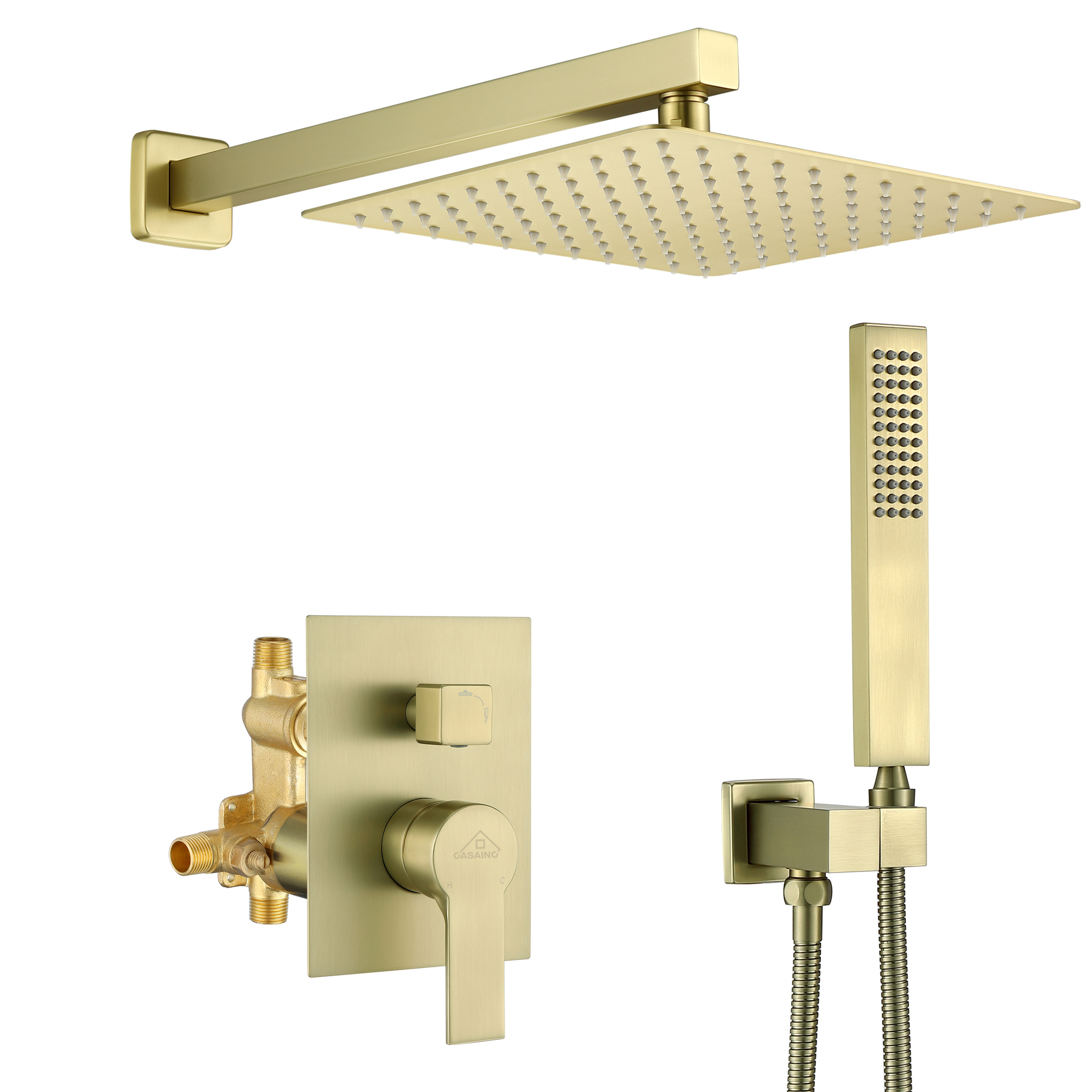 10-in Wall Mounted Shower System with Rough-In Valve Body and Trim (Brushed Gold Rain Shower Head)-CASAINC
