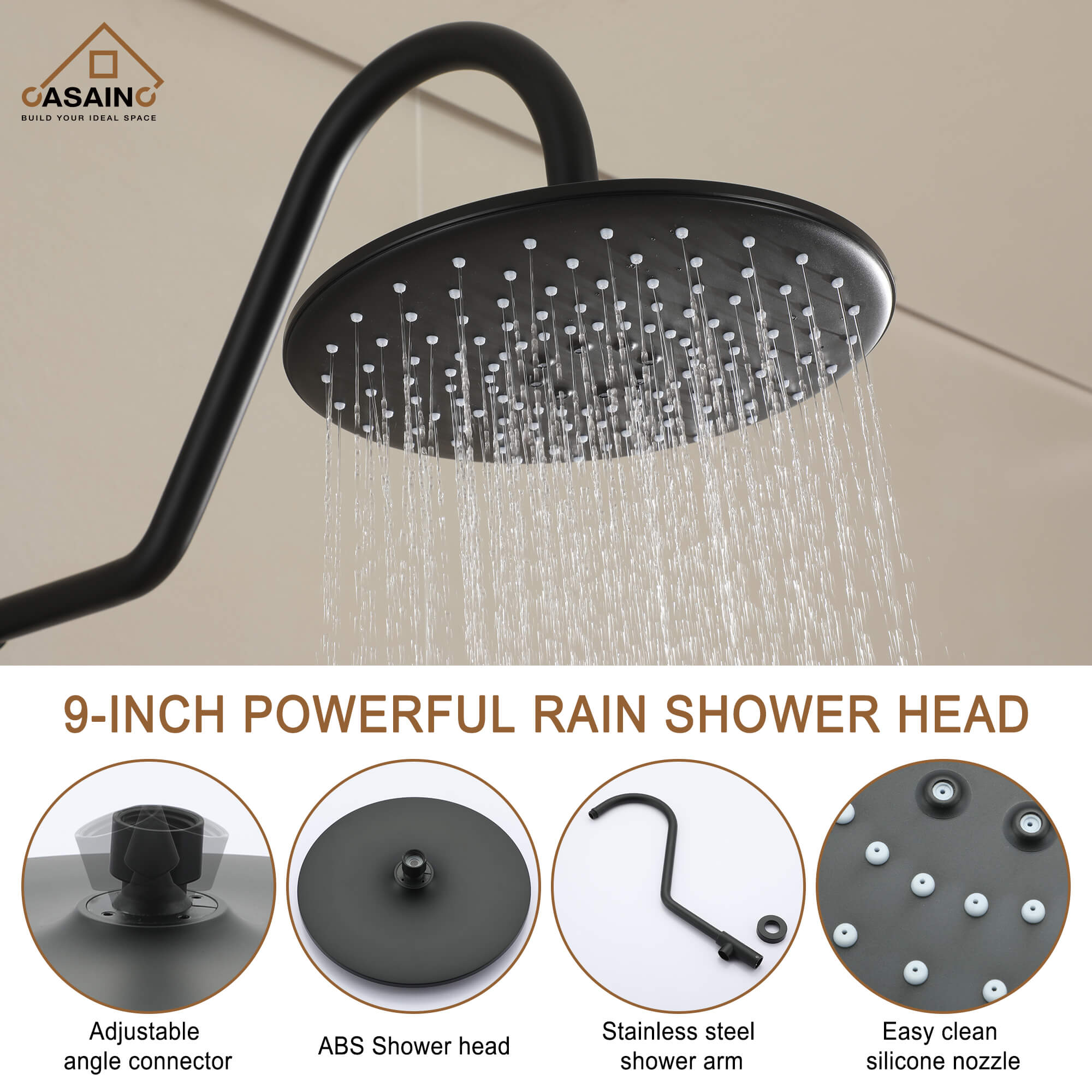 Casainc Matte Black Dual Shower Heads System with 3 Spray Patterns Hand Shower