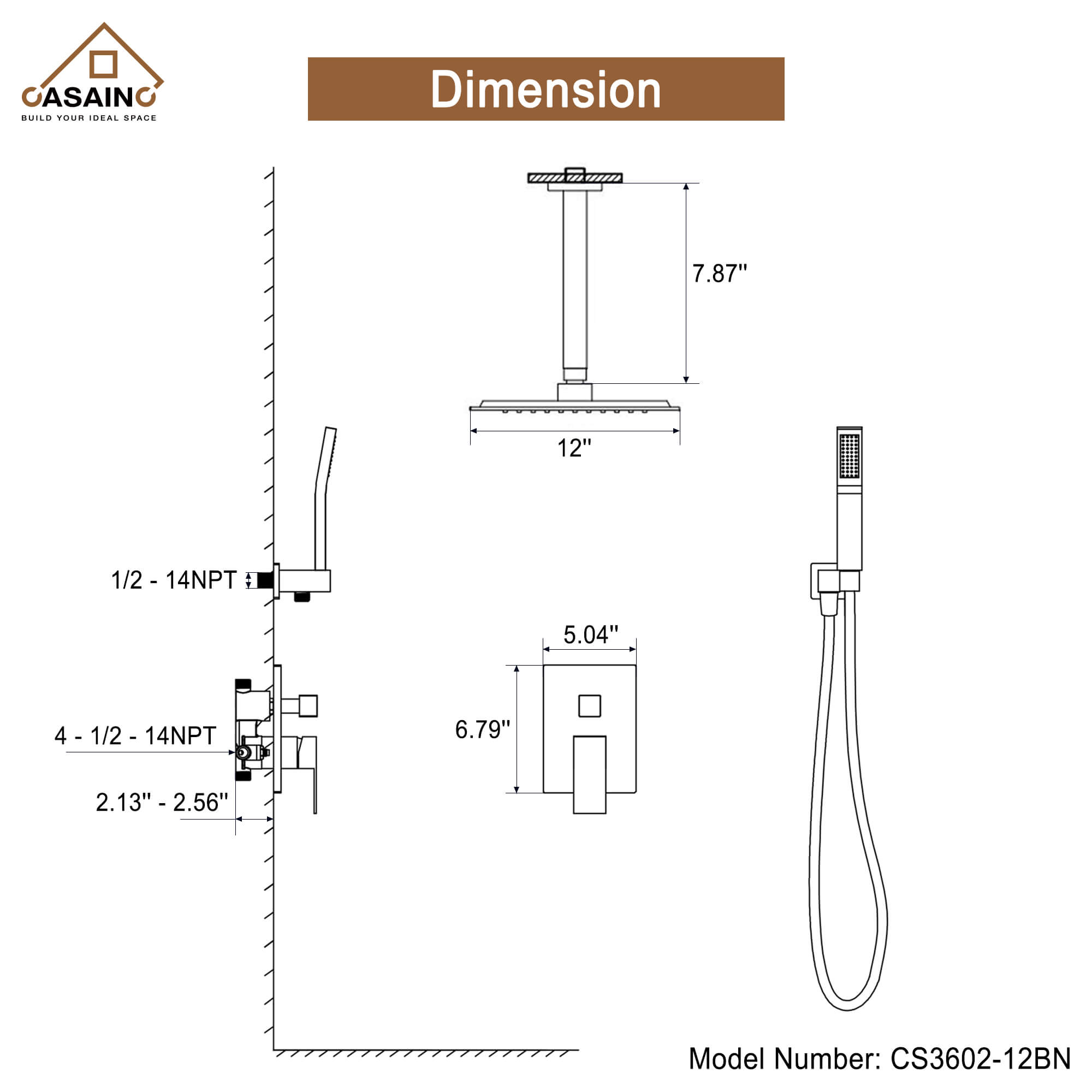 CASAINC 2-Function Shower System with Handheld Shower in Brushed Nickel/Matte Black