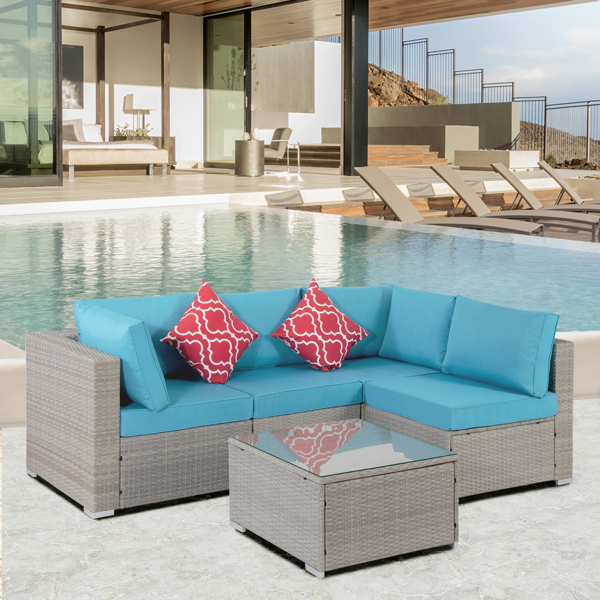 Outdoor Garden Patio Furniture 5-Piece PE Rattan Wicker Sectional Cushioned Sofa Sets with 2 Pillows and Coffee Table-CASAINC
