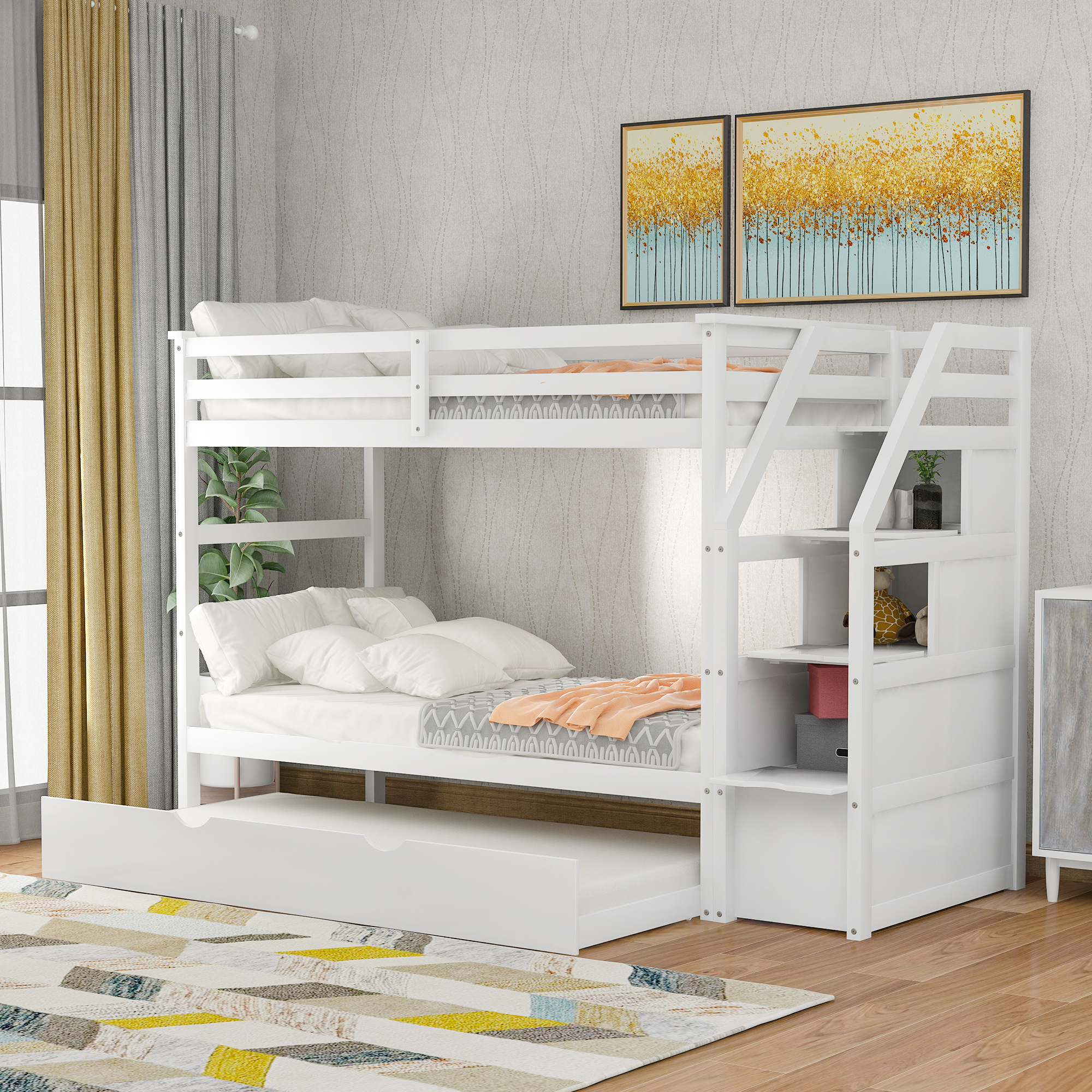 Twin-Over-Twin Bunk Bed with Twin Size Trundle and 3 Storage Stairs,White(OLD SKU :LP000064AAK)-CASAINC