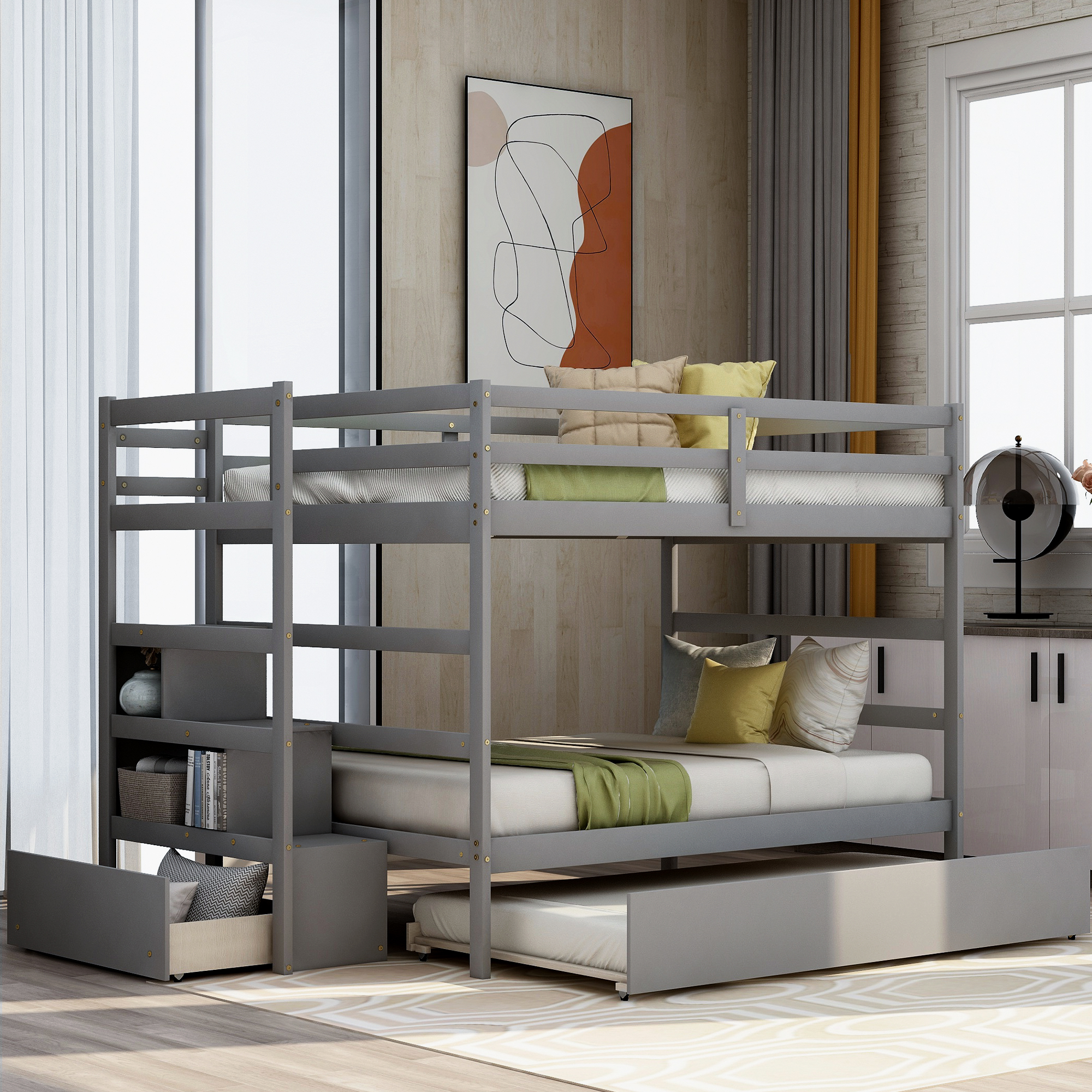Full over Full Bunk Bed with Twin Size Trundle Gray