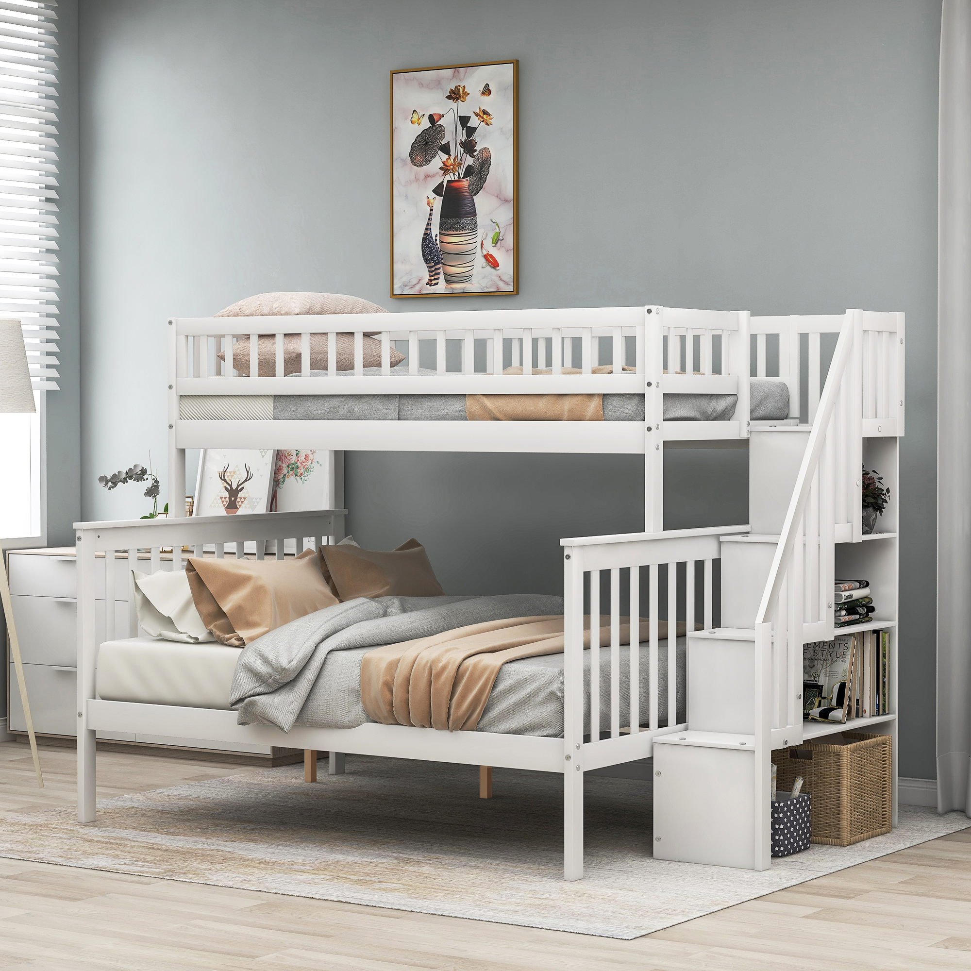 Twin over Full Stairway Bunk Bed with storage, White-CASAINC