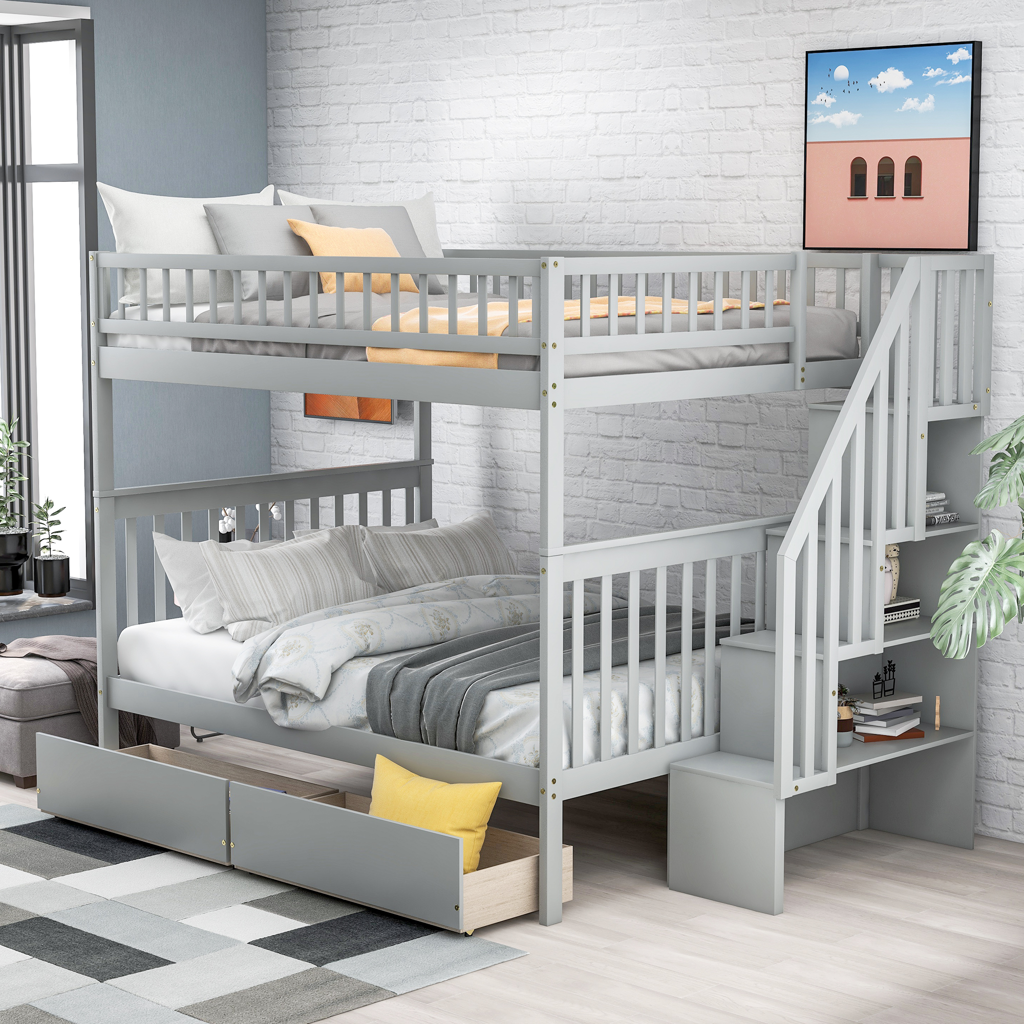 Full over Full Bunk Bed with Two Drawers and Storage, Gray-CASAINC