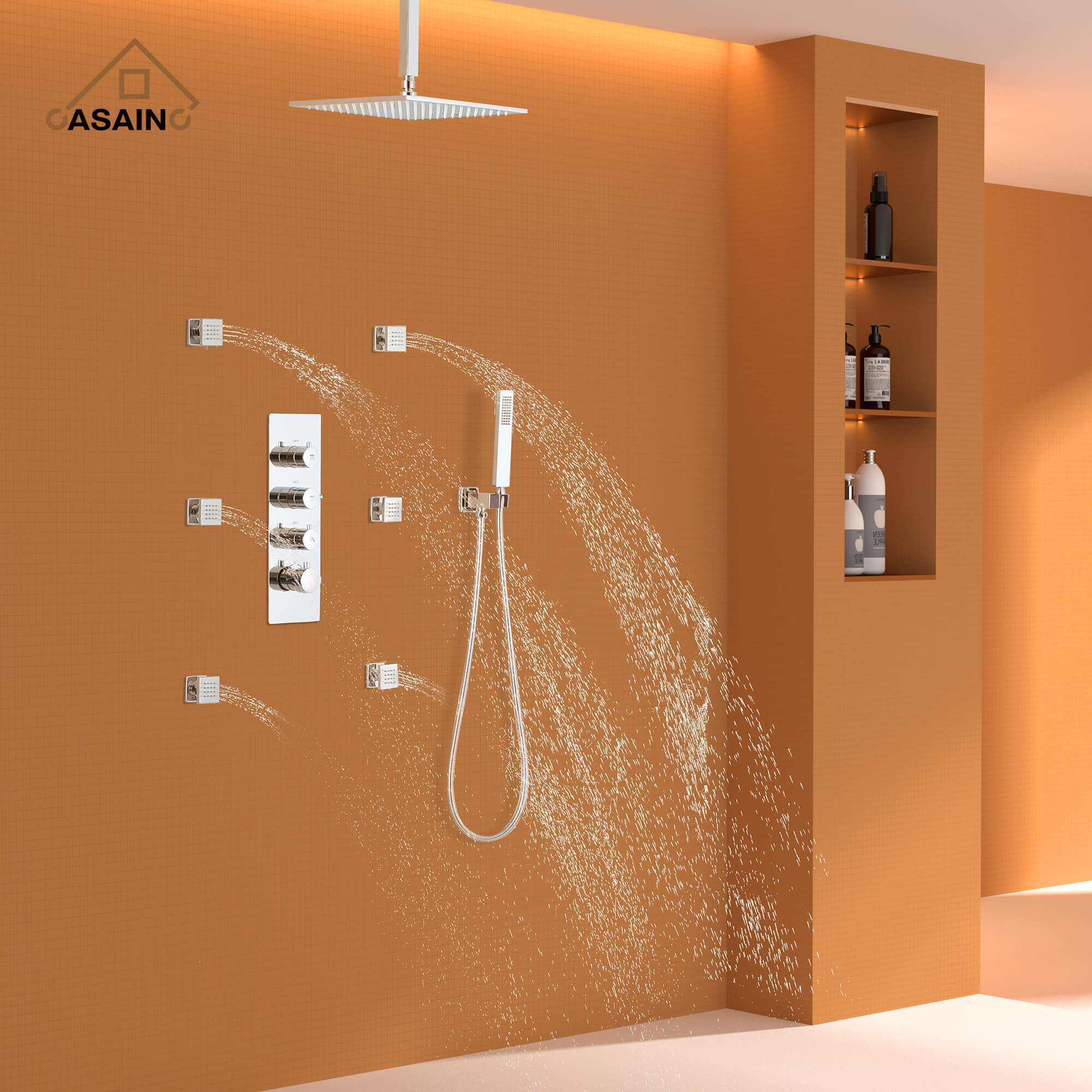 CASAINC Chrome 12 Inch 6-Spray Rainfall Built-In Shower System