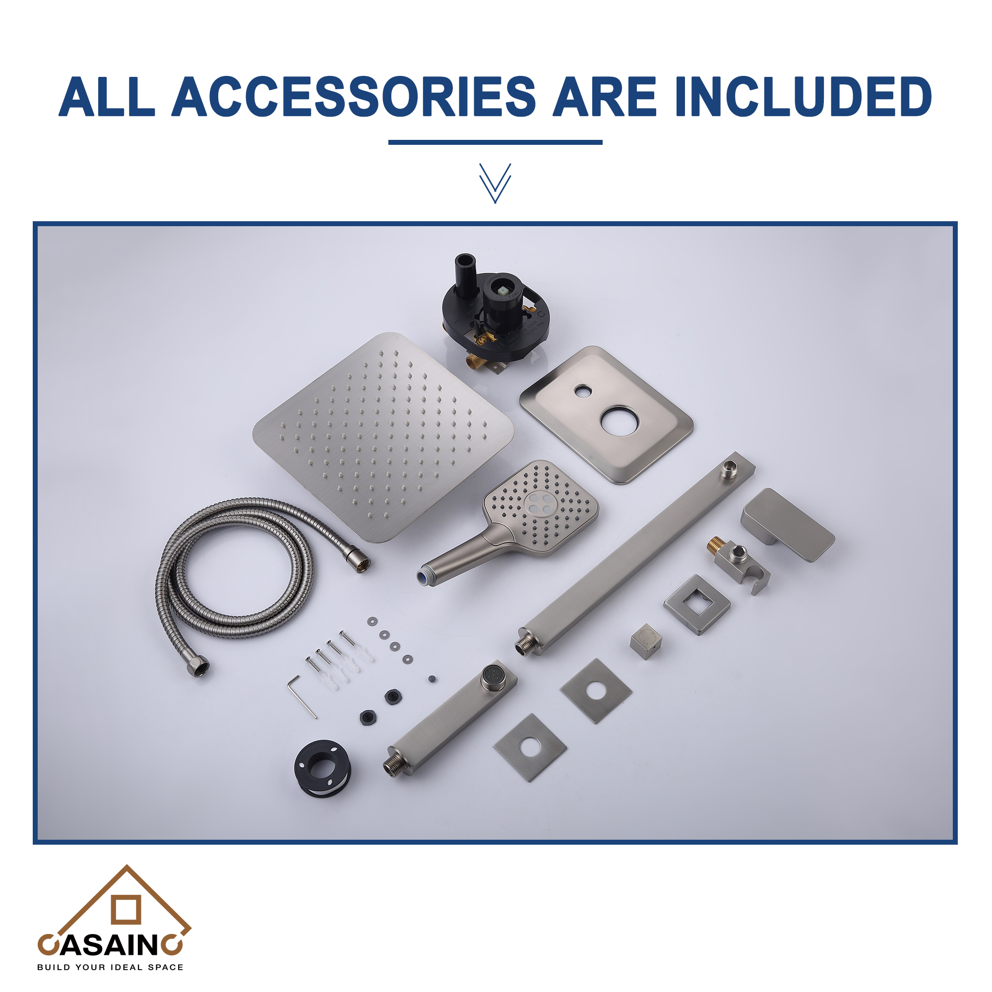 CASAINC 10 inch Square Wall-mounted rain shower faucet with pressure balanced valve