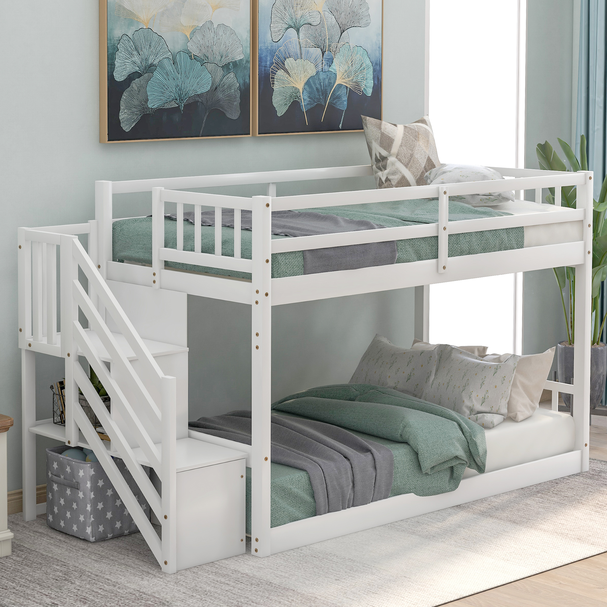 Twin over Twin Floor Bunk Bed, Ladder with Storage, White-CASAINC