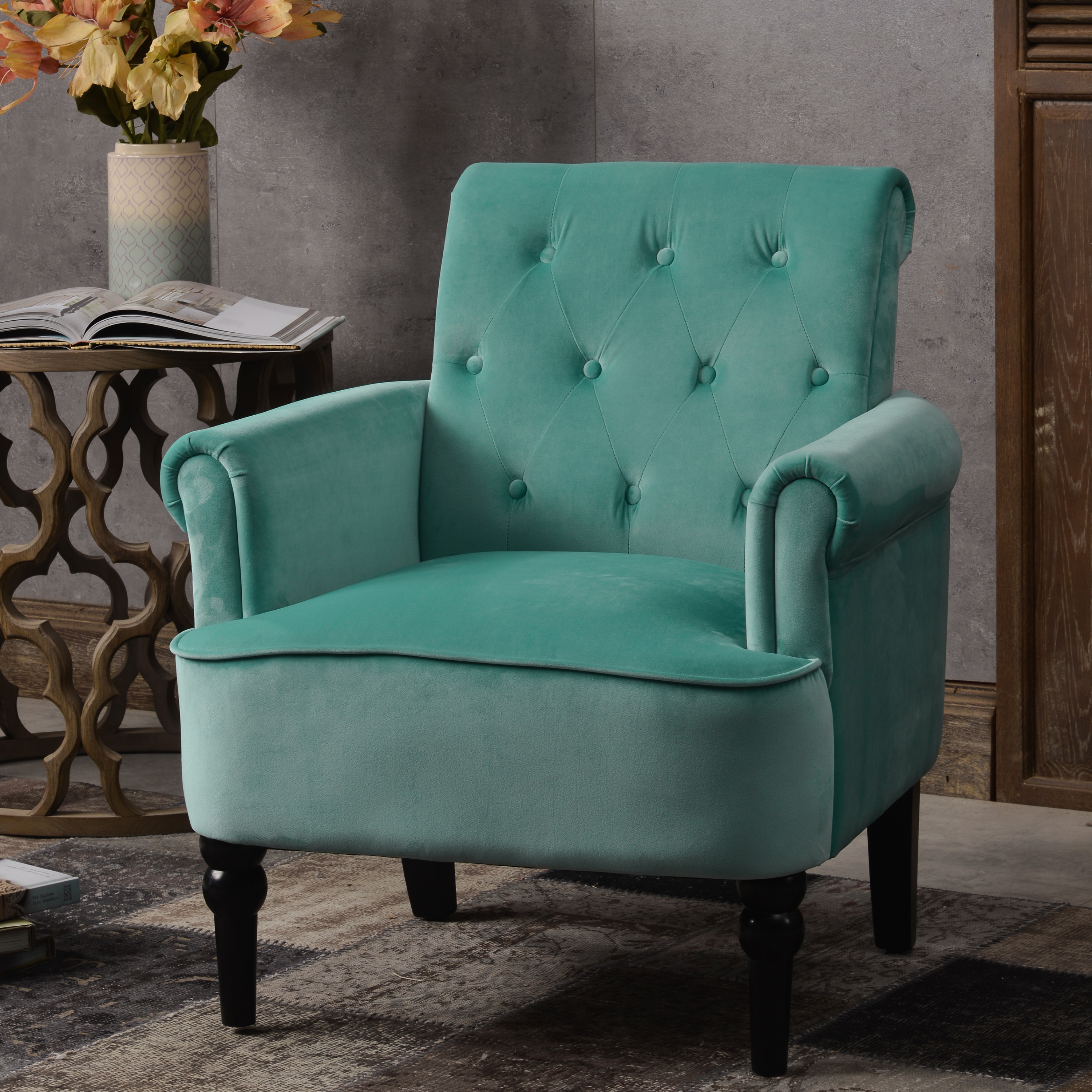 Elegant Button Tufted Club Chair Accent Armchairs Roll Arm Living Room Cushion with Wooden Legs, Teal Velvet-CASAINC
