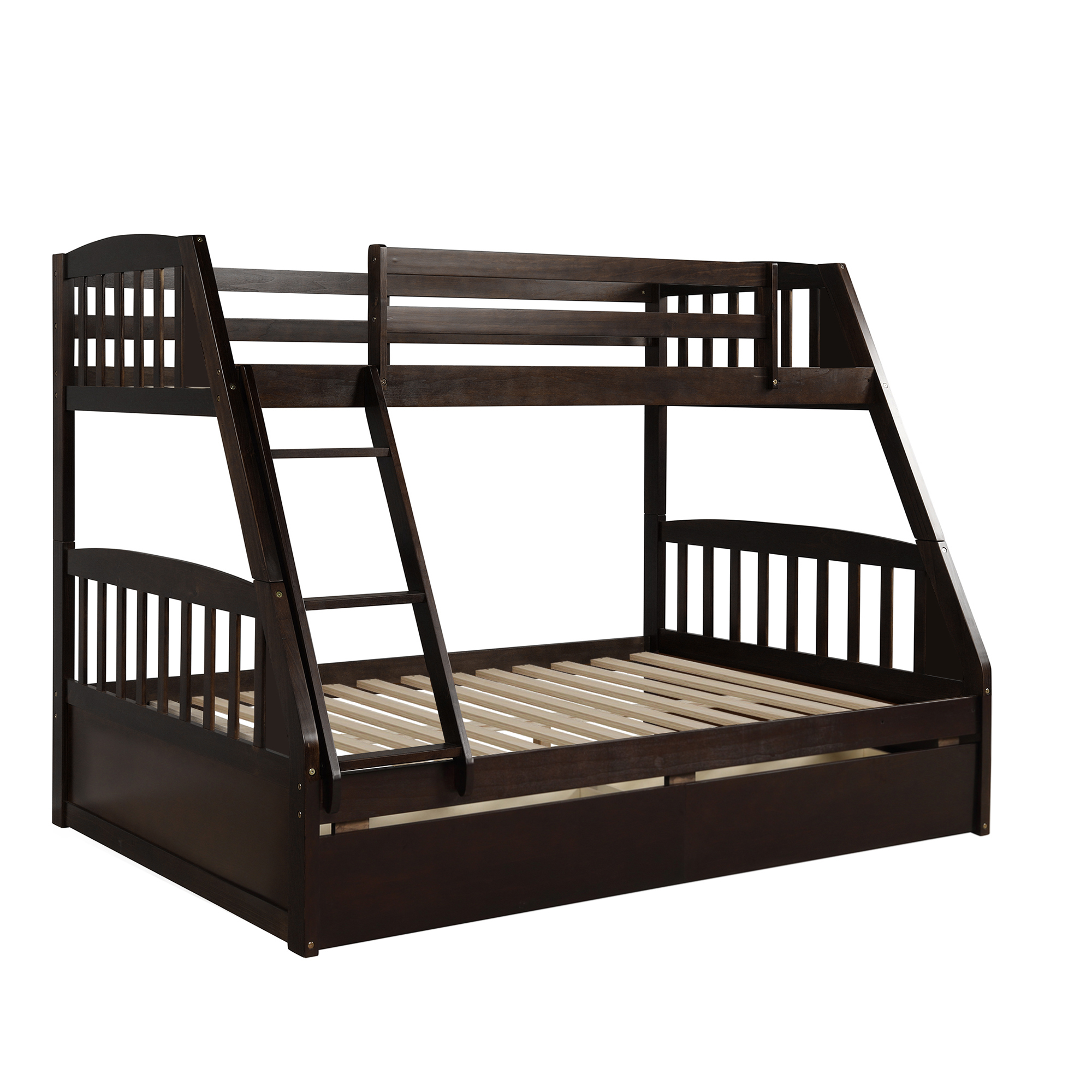 Solid Wood Twin Over Full Bunk Bed with Two Storage Drawers, Espresso-CASAINC