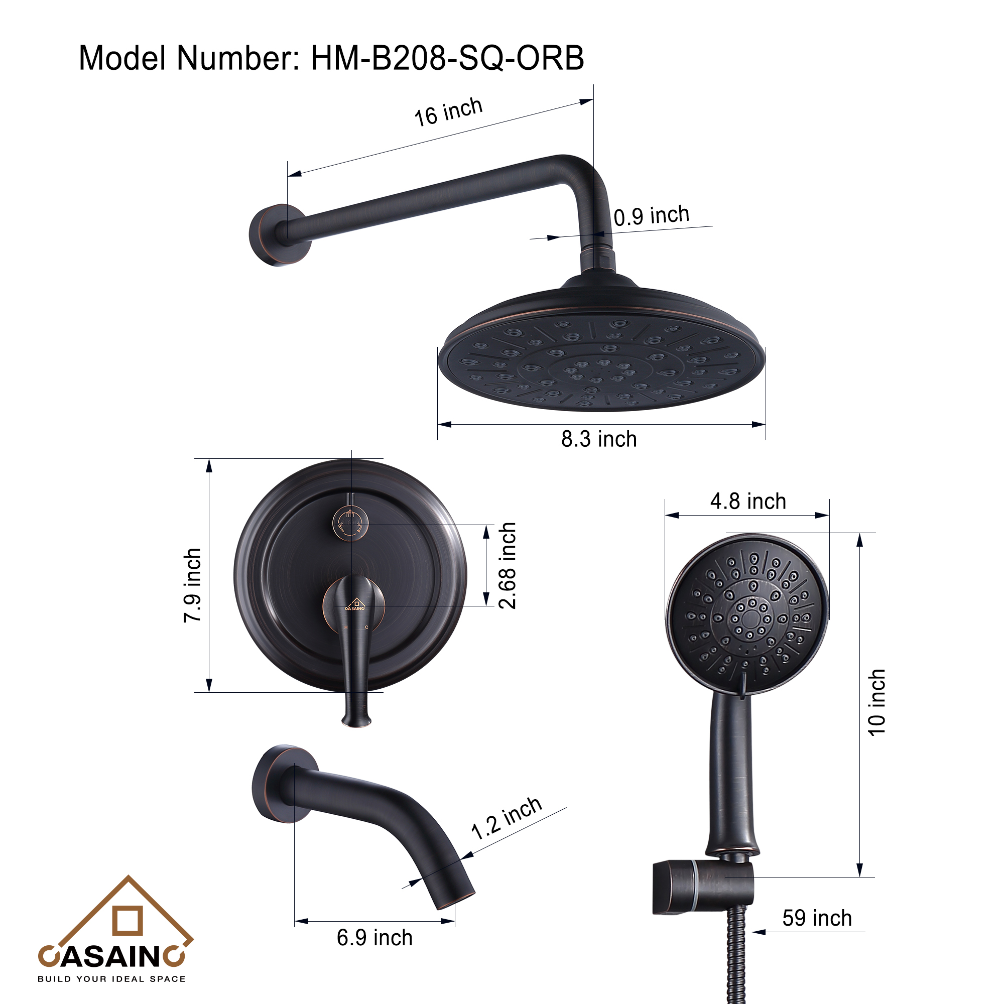 CASAINC 8.3 inch Wall-mounted rain shower faucet with pressure balanced valve