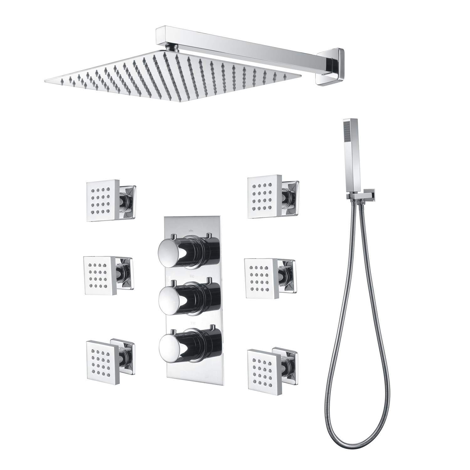 3 Way Thermostatic Complete Shower System with Rough-in Valve With 6 Body Jets-CASAINC