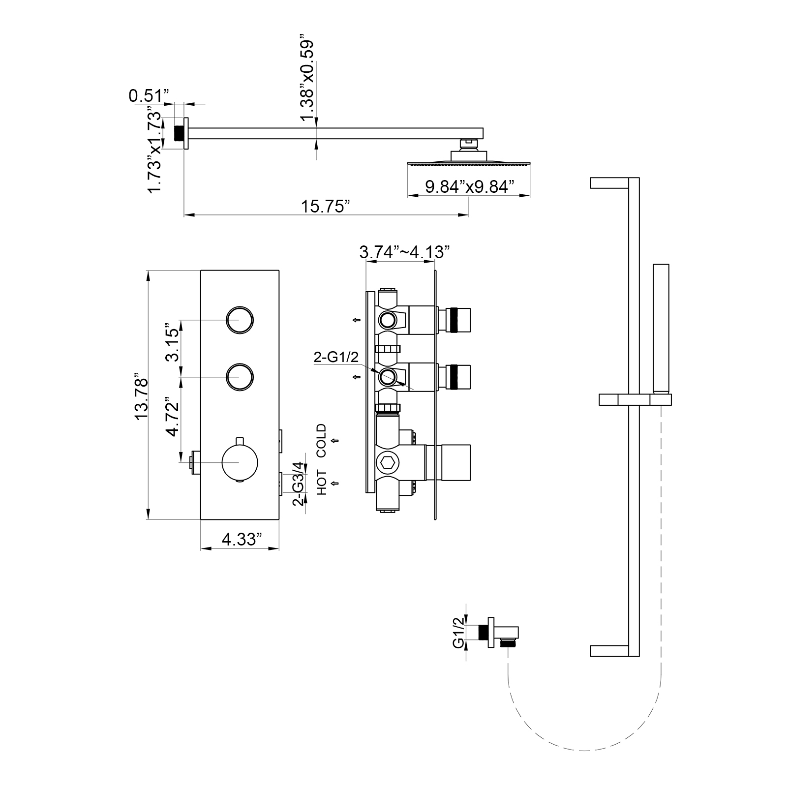 10" Thermostatic Shower System with Hand Shower & Slide Bar