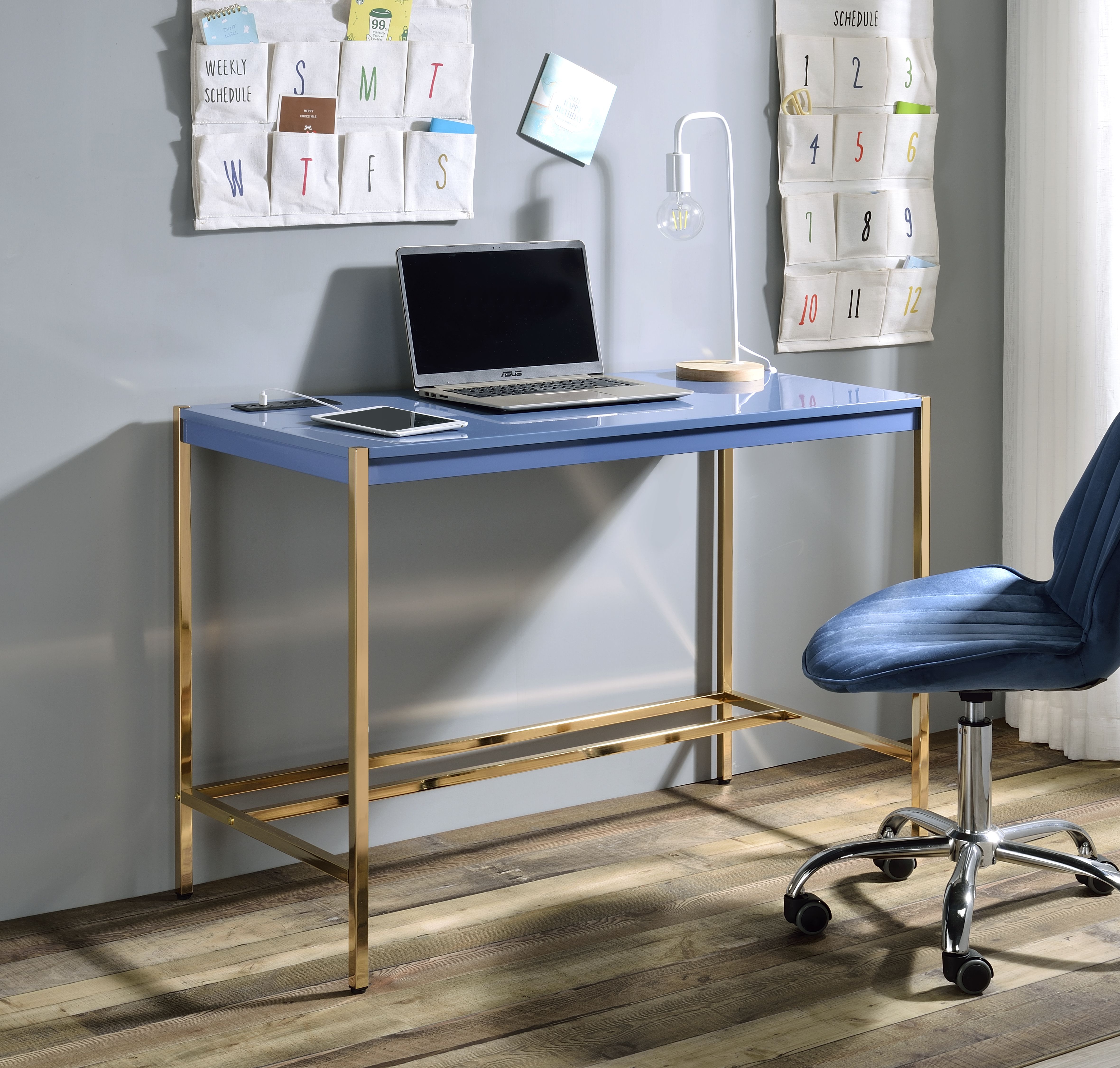 ACME Midriaks Writing Desk w/USB Port in Navy Blue  Gold Finish-CASAINC