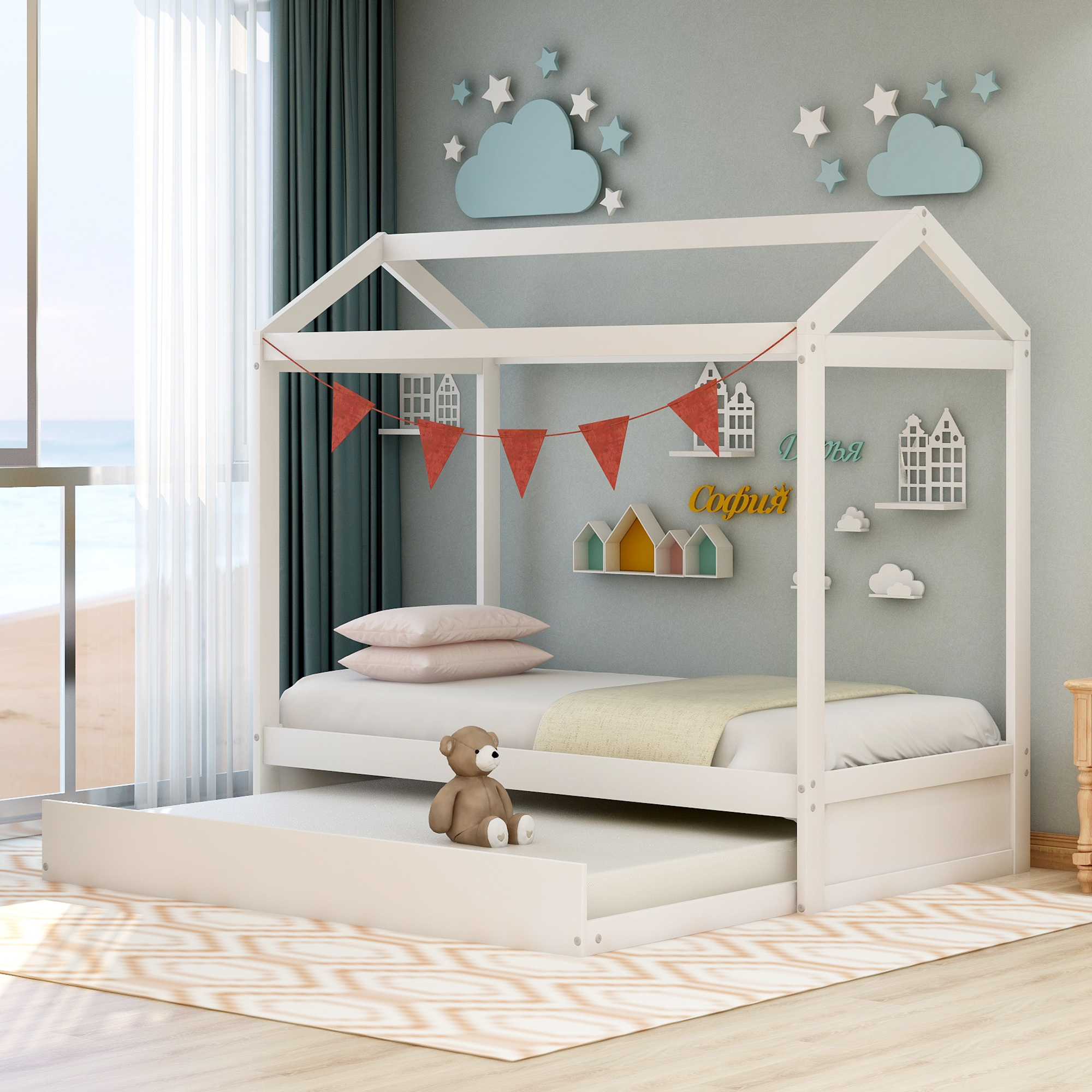 House Bed with Trundle, can be Decorated,White(Old SKU:SM000103AAK)-CASAINC
