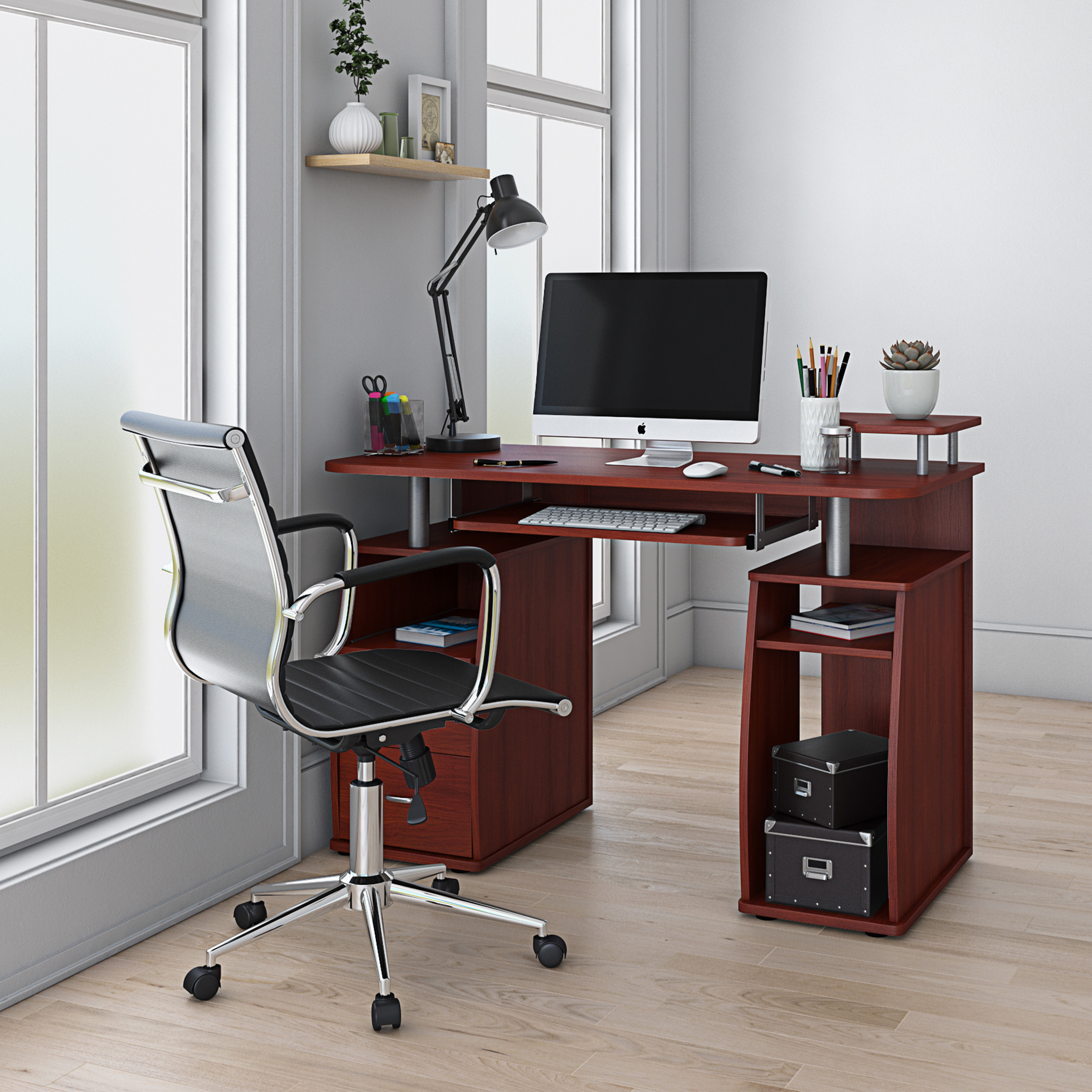 Techni Mobili Complete Computer Workstation Desk With Storage, Mahogany-CASAINC