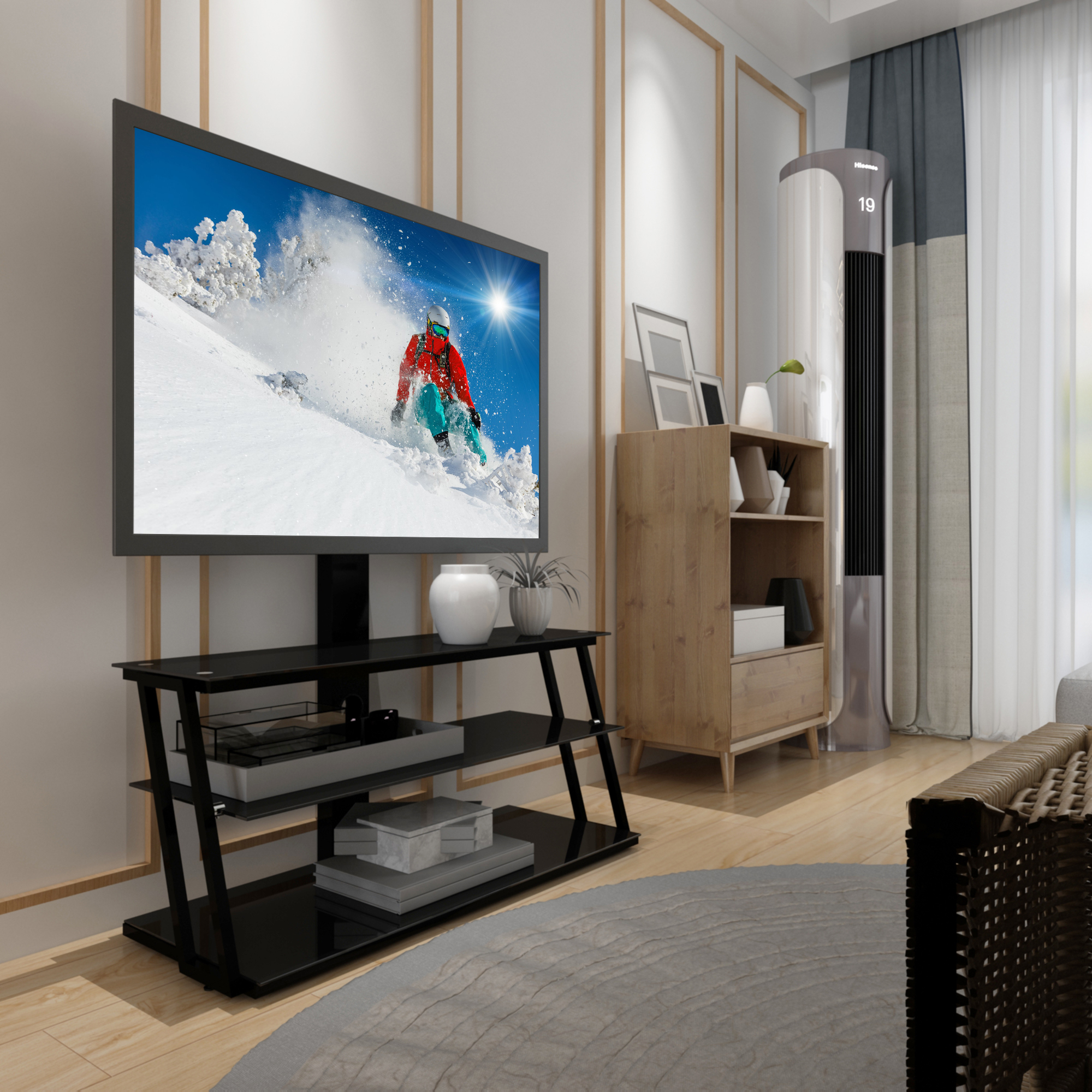 Black Multi-Function Angle And Height Adjustable Tempered Glass  TV Stand-CASAINC