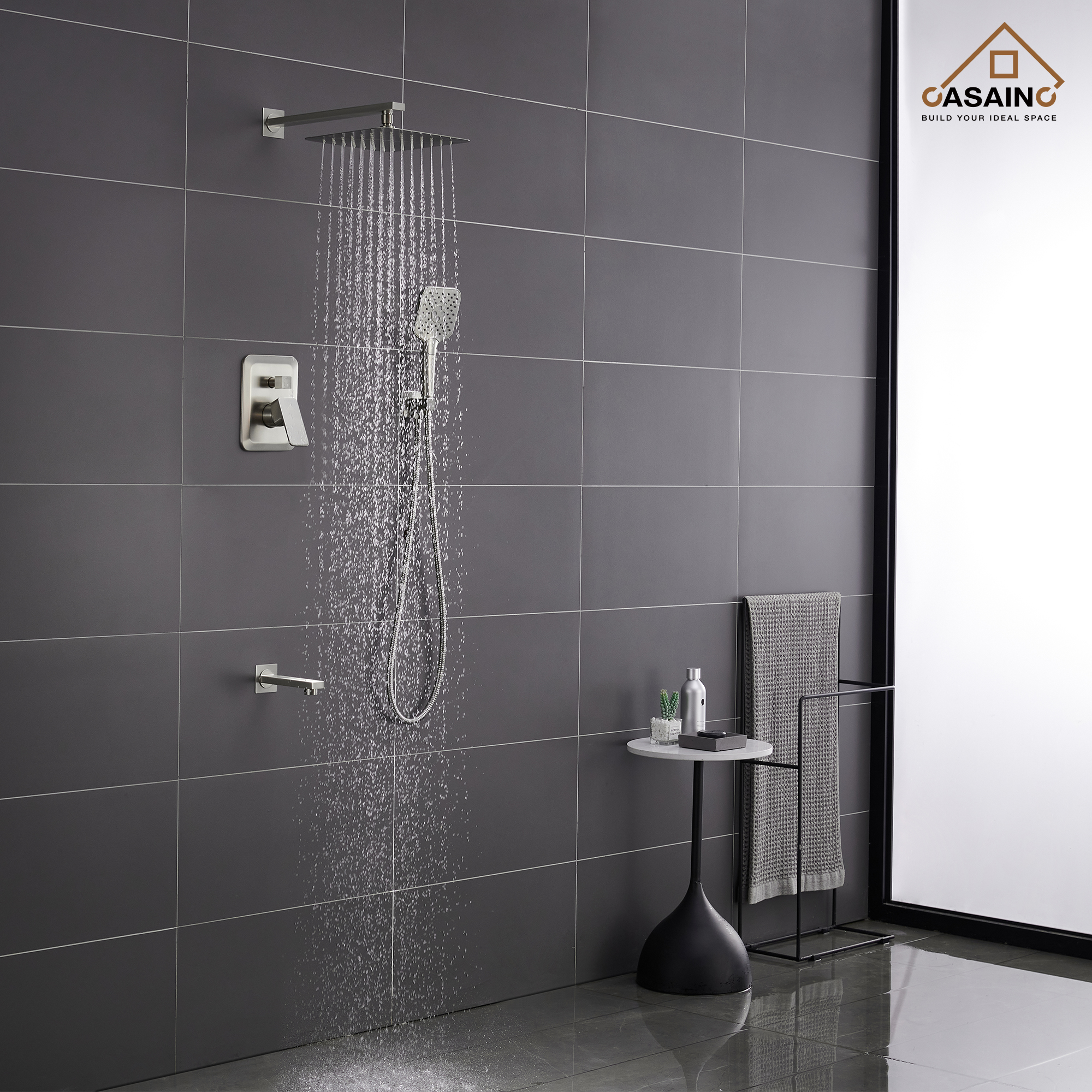 CASAINC 10 inch Square Wall-mounted rain shower faucet with pressure balanced valve