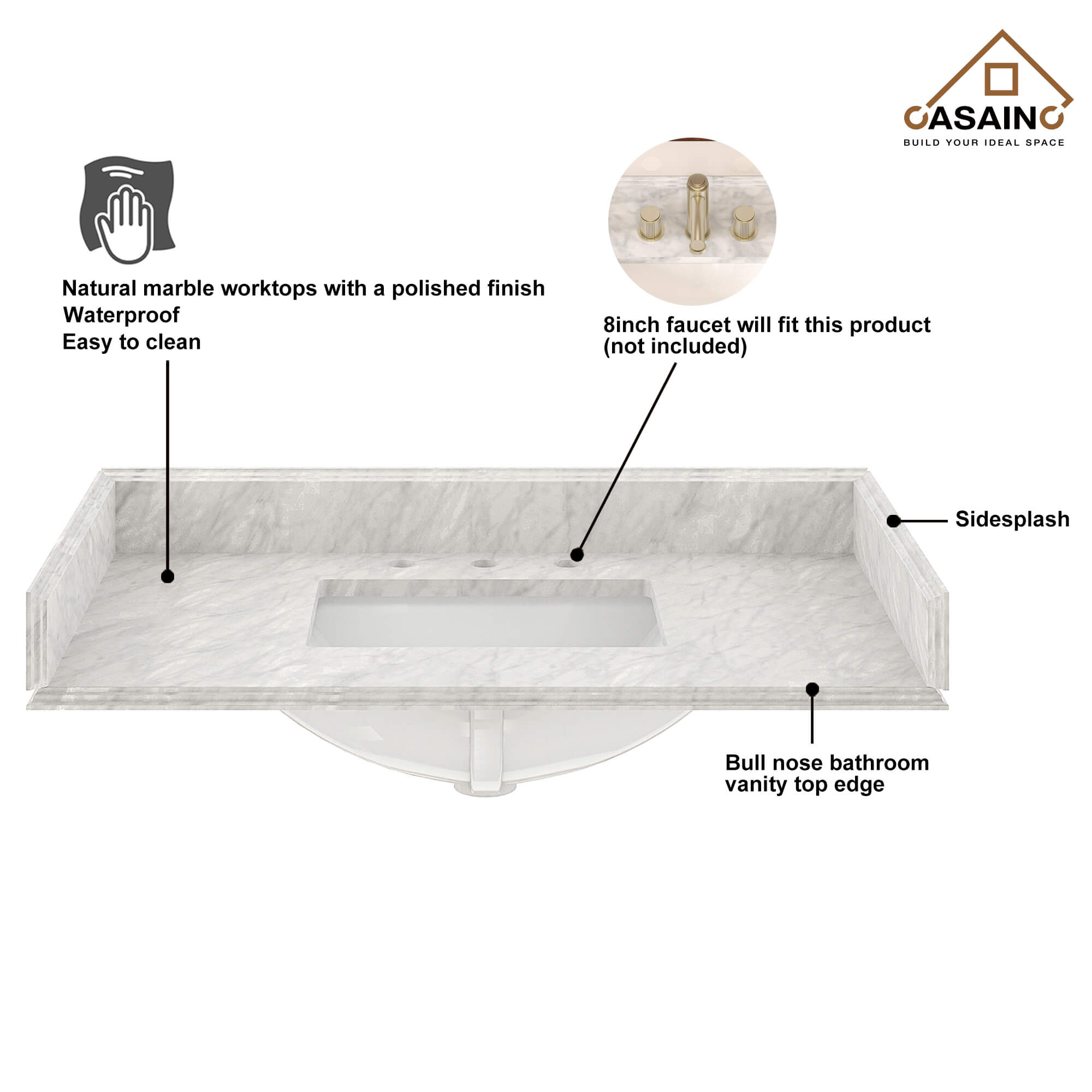 CASAINC 37" White Italian Carrara Natural Marble Single Sink Bathroom Vanity Top with Back & Side Splash