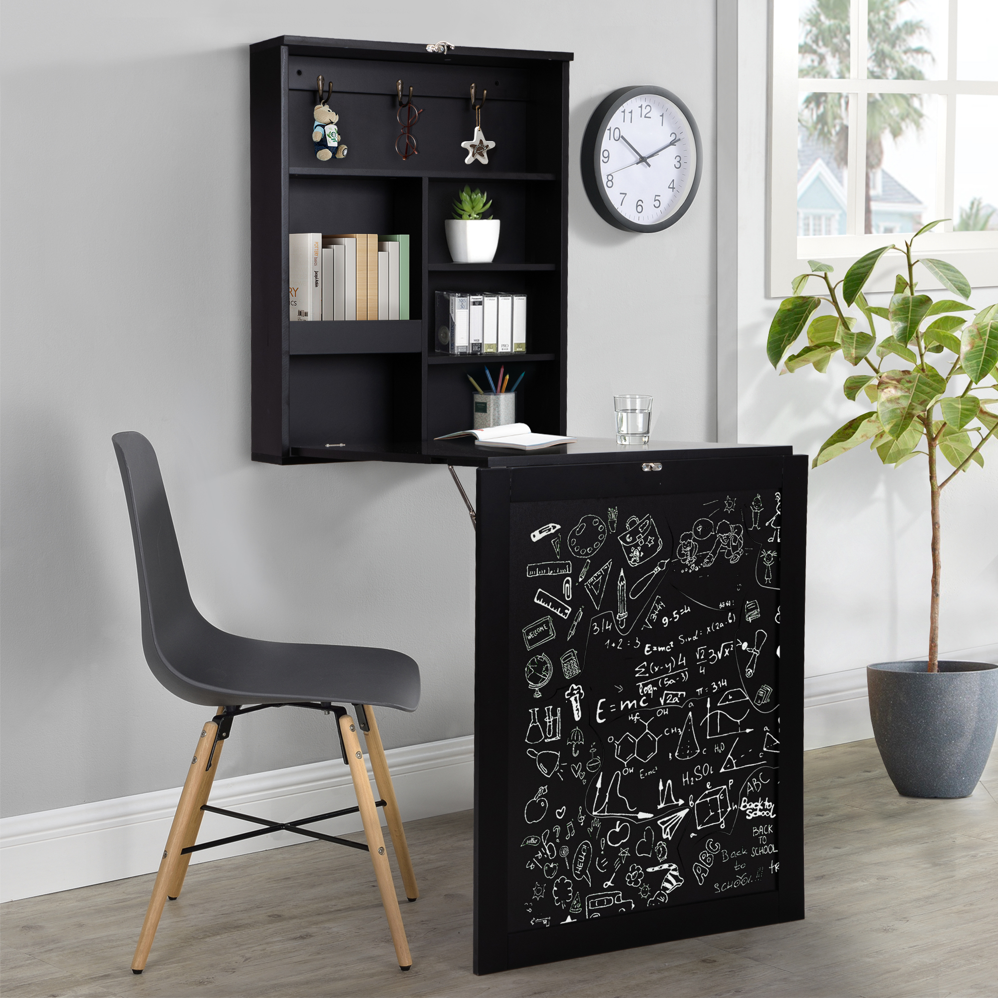 Folding Wooden Wall-Mounted Table Drop-Leaf Desk with Storage Shelves, Black-CASAINC