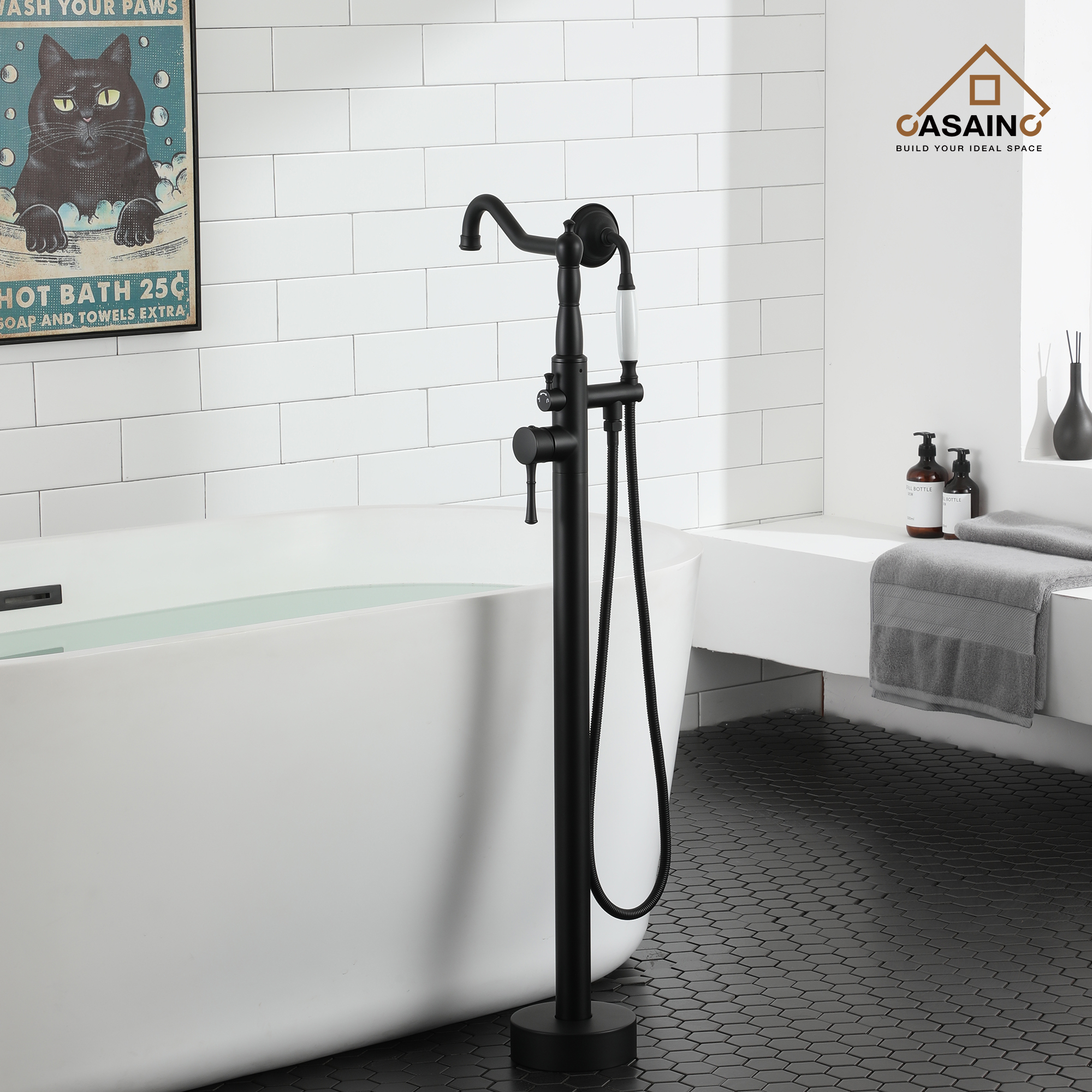 CASAINC Single Handle Classical Freestanding Bathtub Faucet with Hand Shower Hand