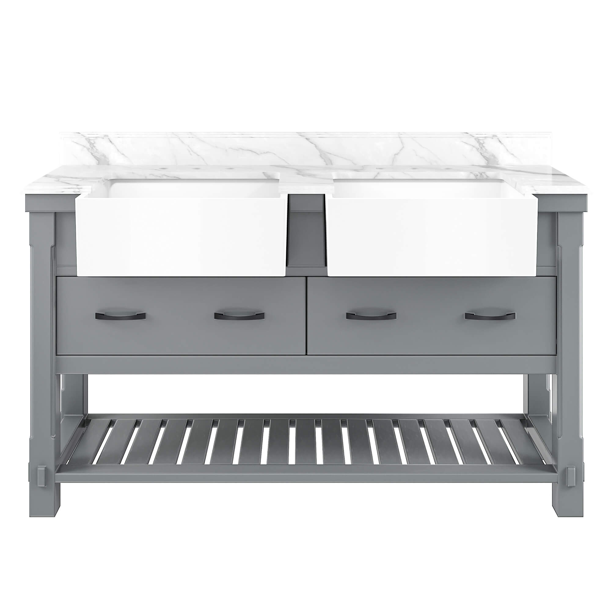 60" Double Farmhouse Sinks Bathroom Vanity with Shelf in White/Grey
