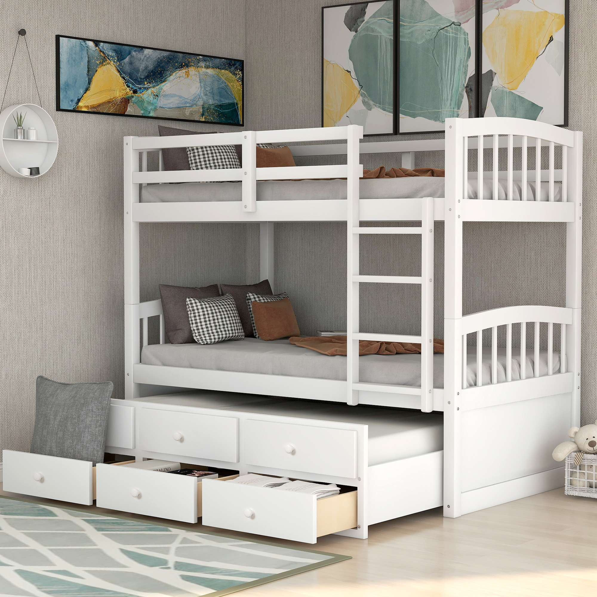 Twin Bunk Bed with Ladder, Safety Rail, Twin Trundle Bed with 3 Drawers for Teens Bedroom, Guest Room Furniture(White)(OLD SKU :LP000071AAK）-CASAINC