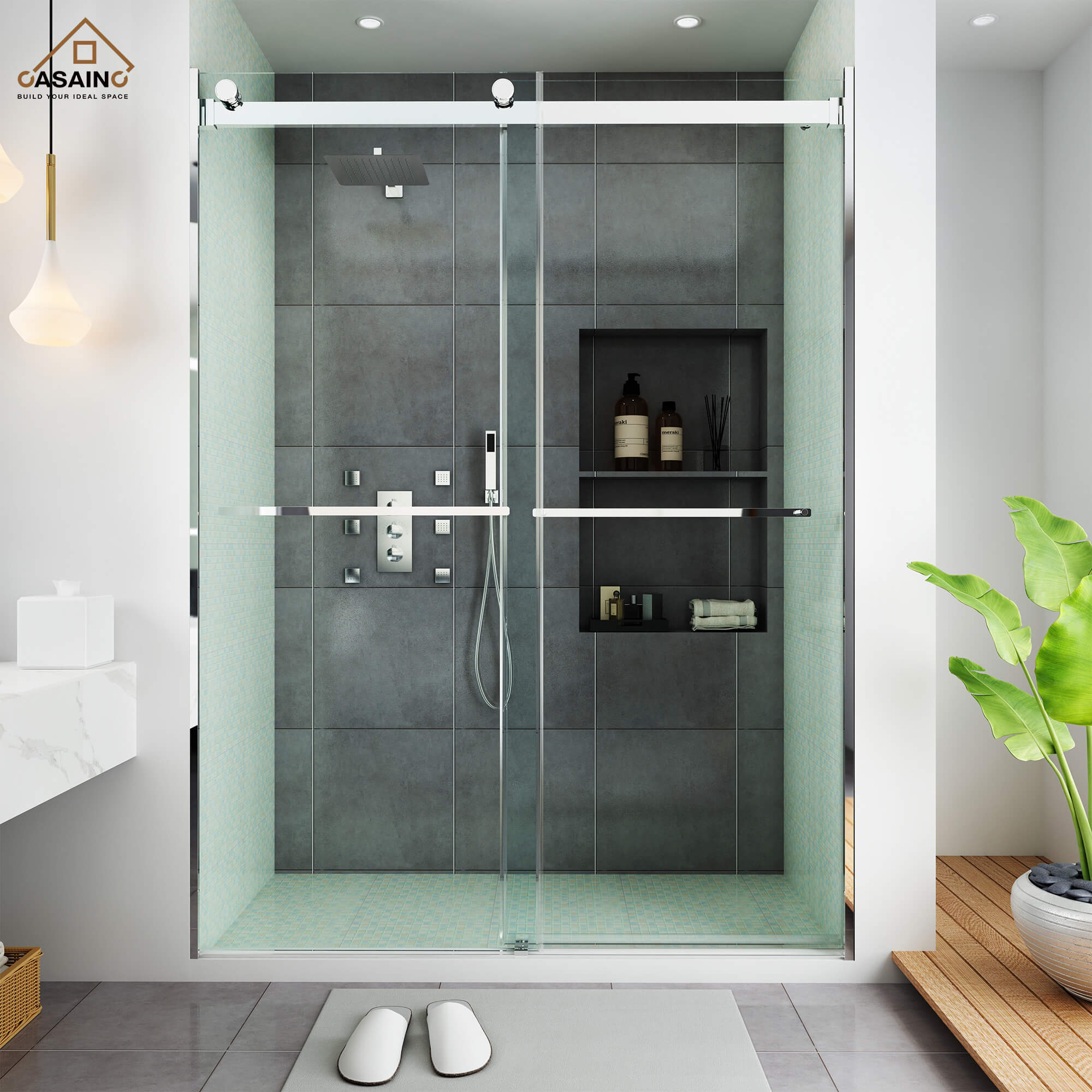 60"x76" Frameless Double Sliding Shower Door in Chrome/Brushed Nickel/