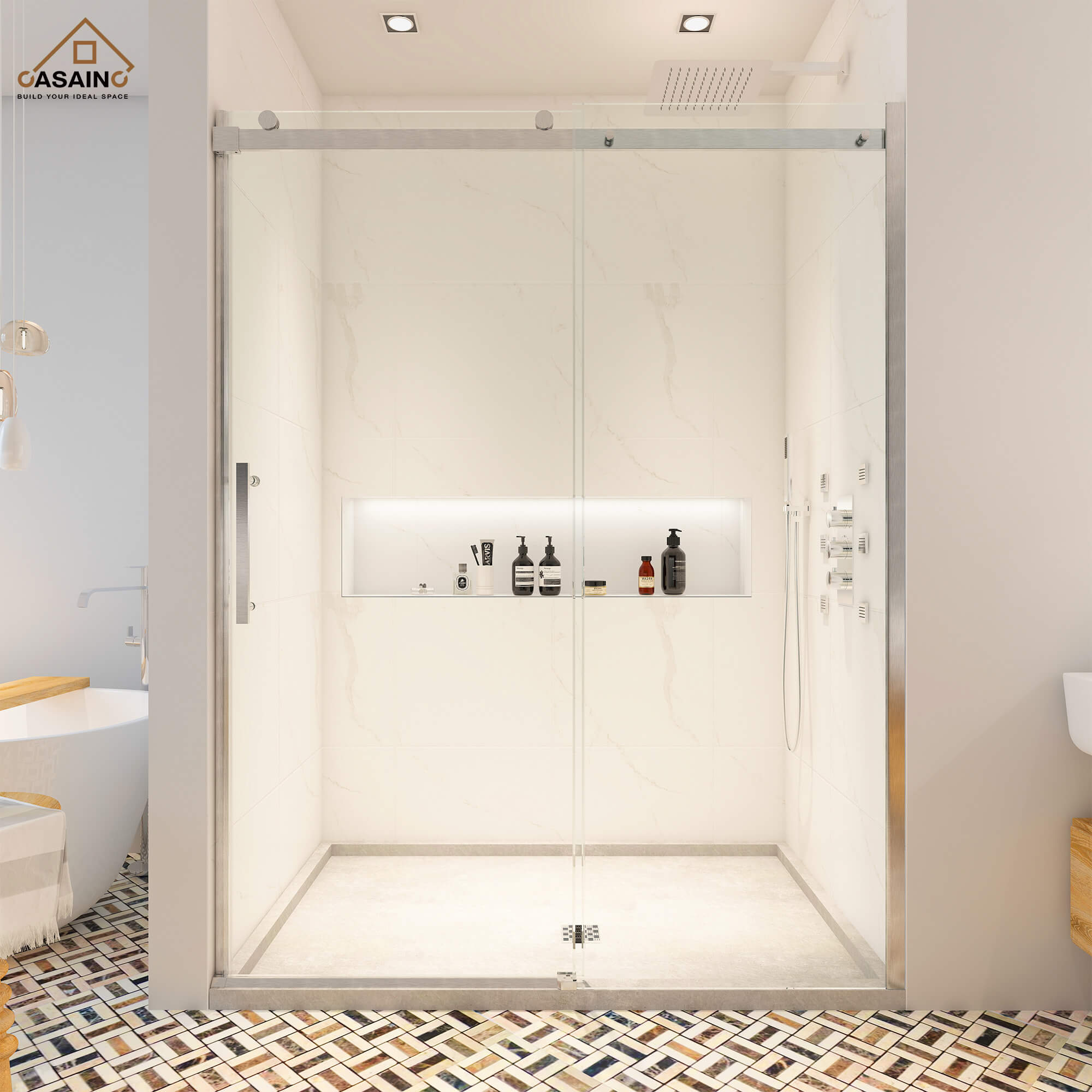 60"x76" Frameless Single Sliding Shower Door in Chrome/Brushed Nickel/