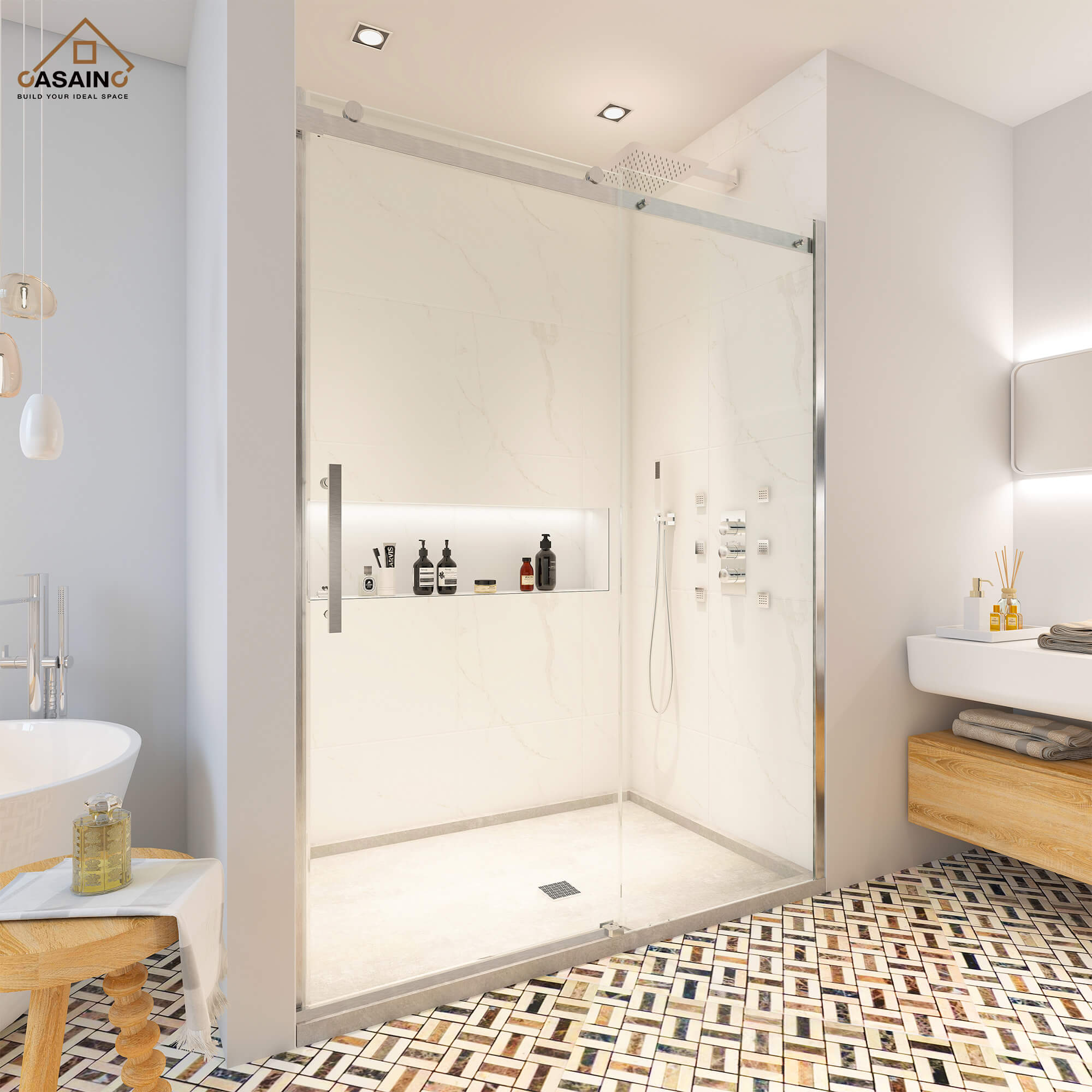 60"x76" Frameless Single Sliding Shower Door in Chrome/Brushed Nickel/