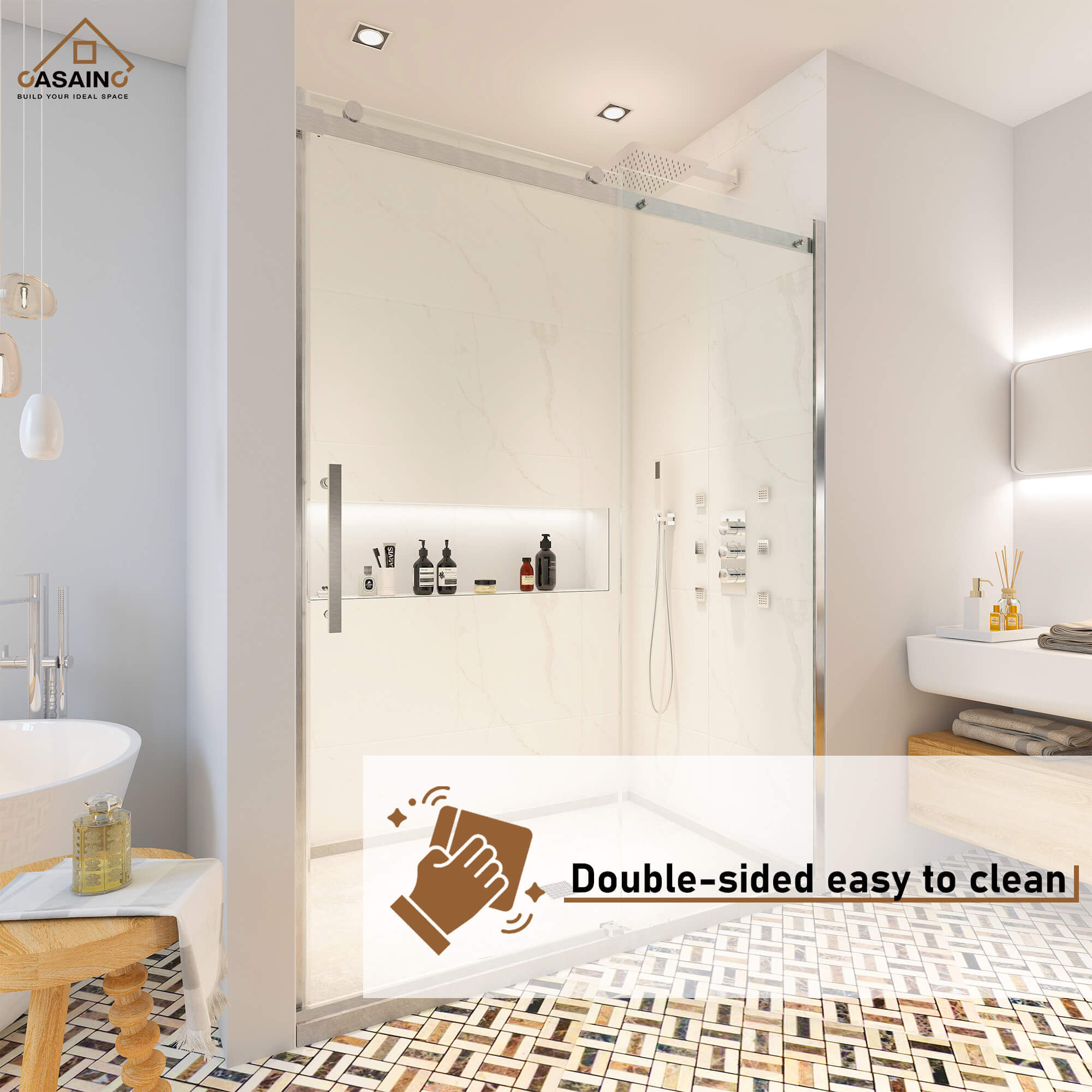 60"x76" Frameless Single Sliding Shower Door in Chrome/Brushed Nickel/